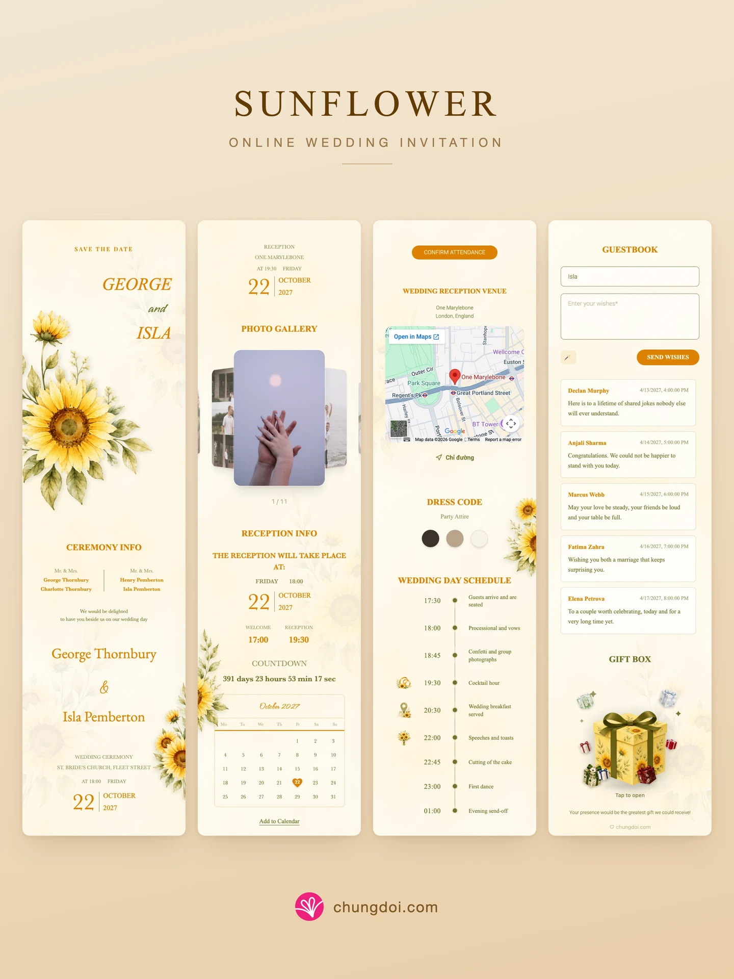 Full view of the Sunflower wedding invitation: its three sections side by side