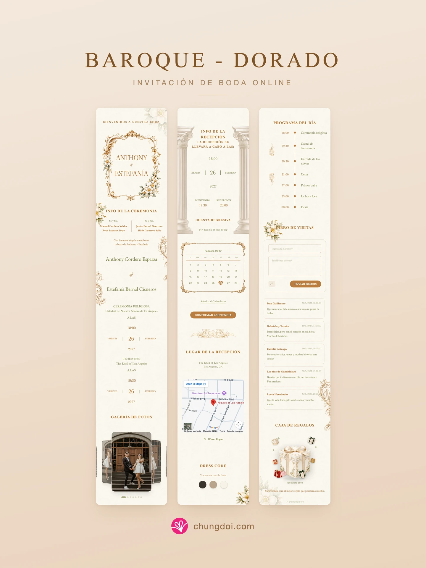 Vista completa de la invitación de boda Baroque - Dorado: sus tres secciones una al lado de la otra