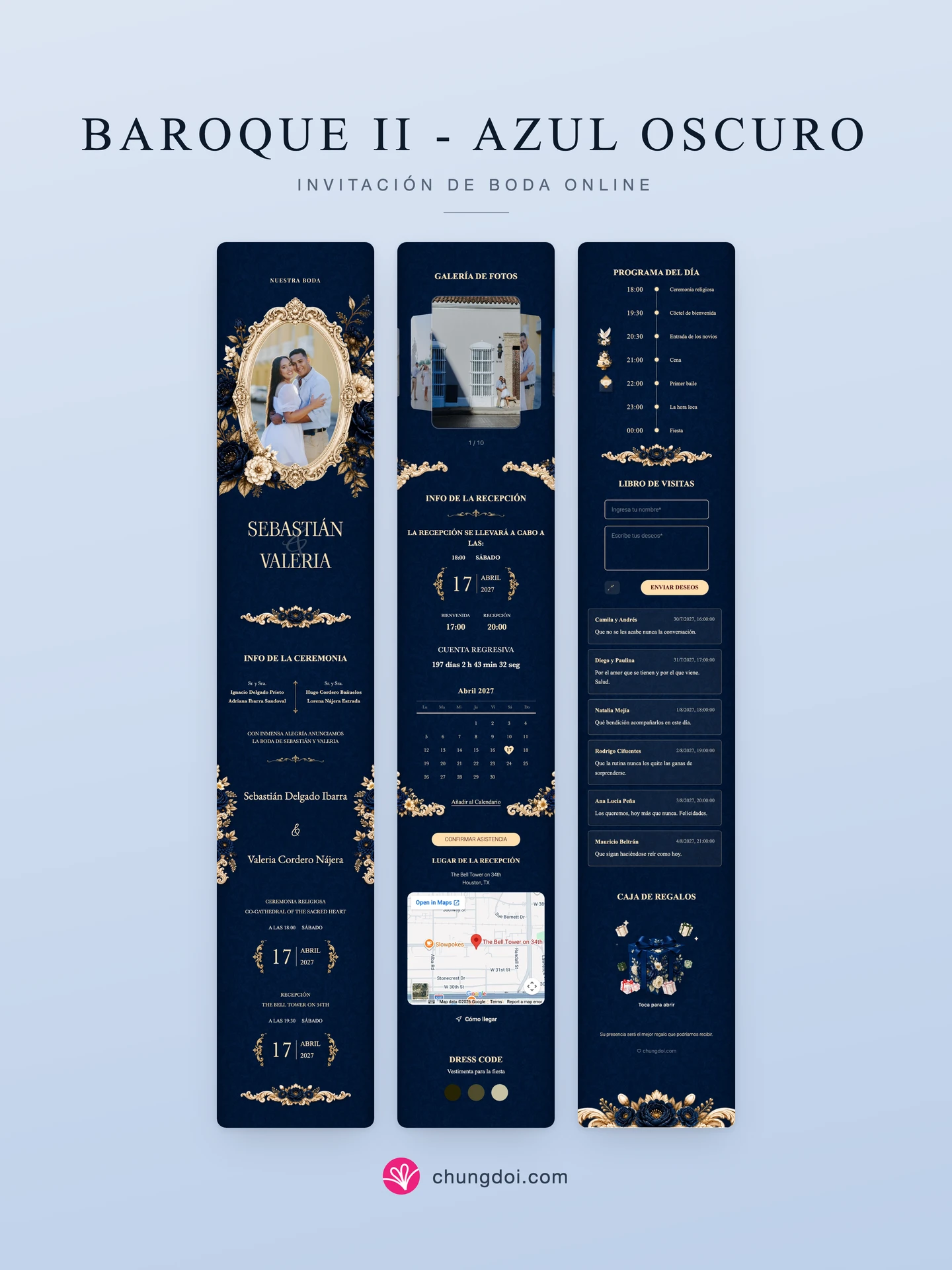 Vista completa de la invitación de boda Baroque II - Azul Oscuro: sus tres secciones una al lado de la otra