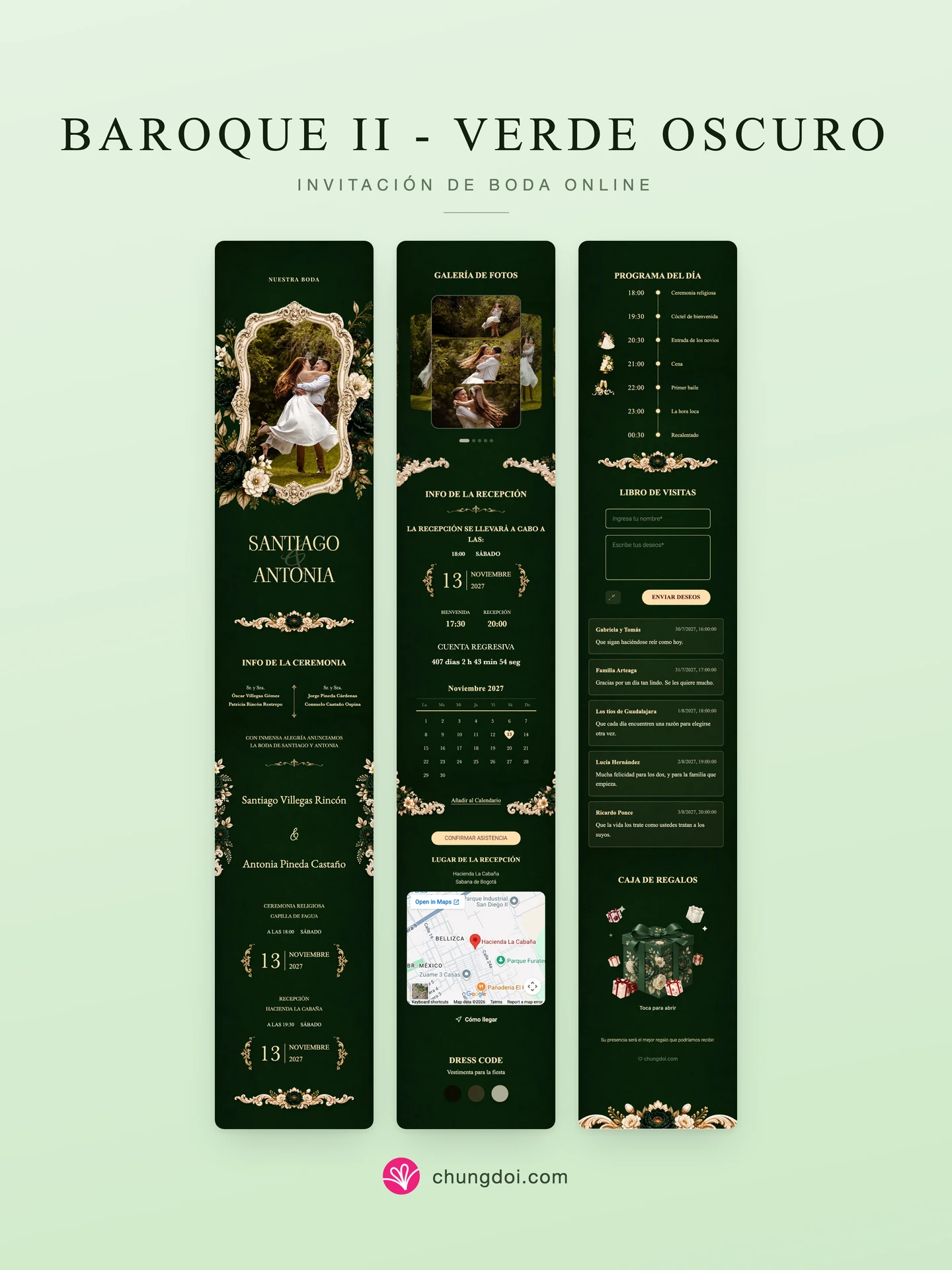 Vista completa de la invitación de boda Baroque II - Verde Oscuro: sus tres secciones una al lado de la otra