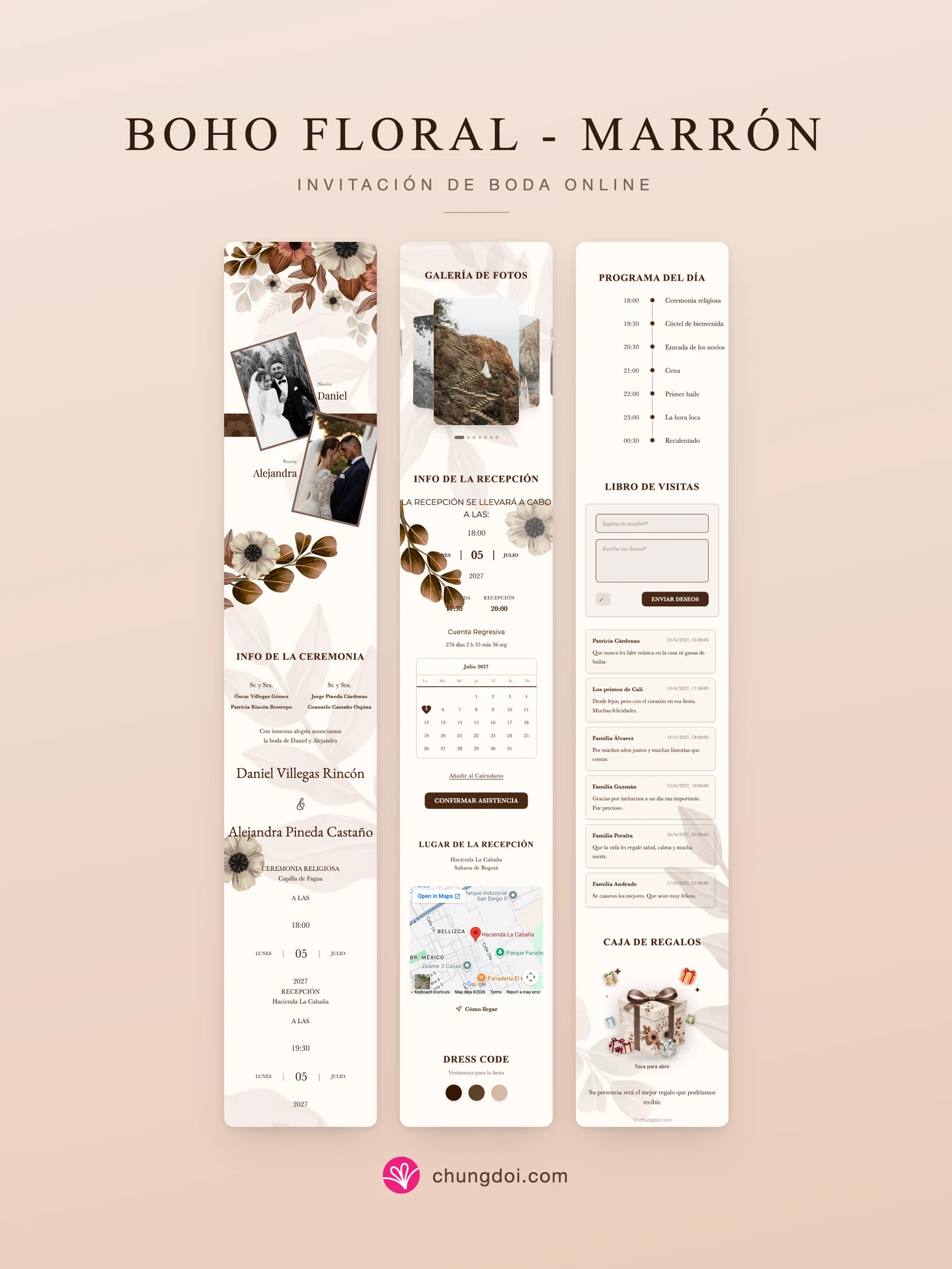 Vista completa de la invitación de boda Boho Floral - Marrón: sus tres secciones una al lado de la otra