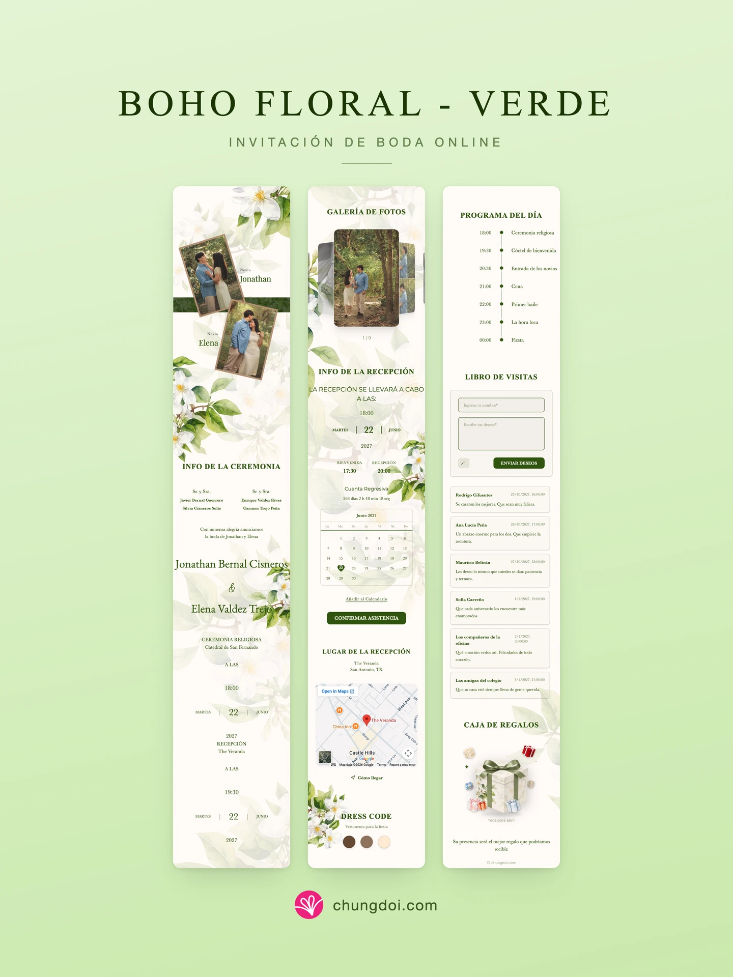 Vista completa de la invitación de boda Boho Floral - Verde: sus tres secciones una al lado de la otra