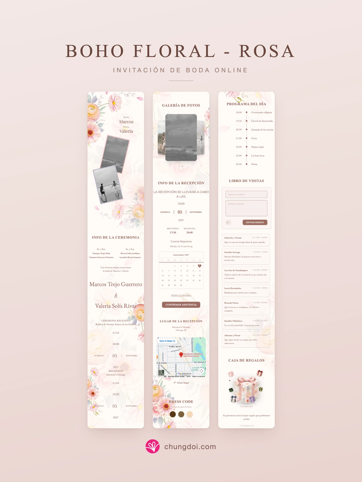 Vista completa de la invitación de boda Boho Floral - Rosa: sus tres secciones una al lado de la otra