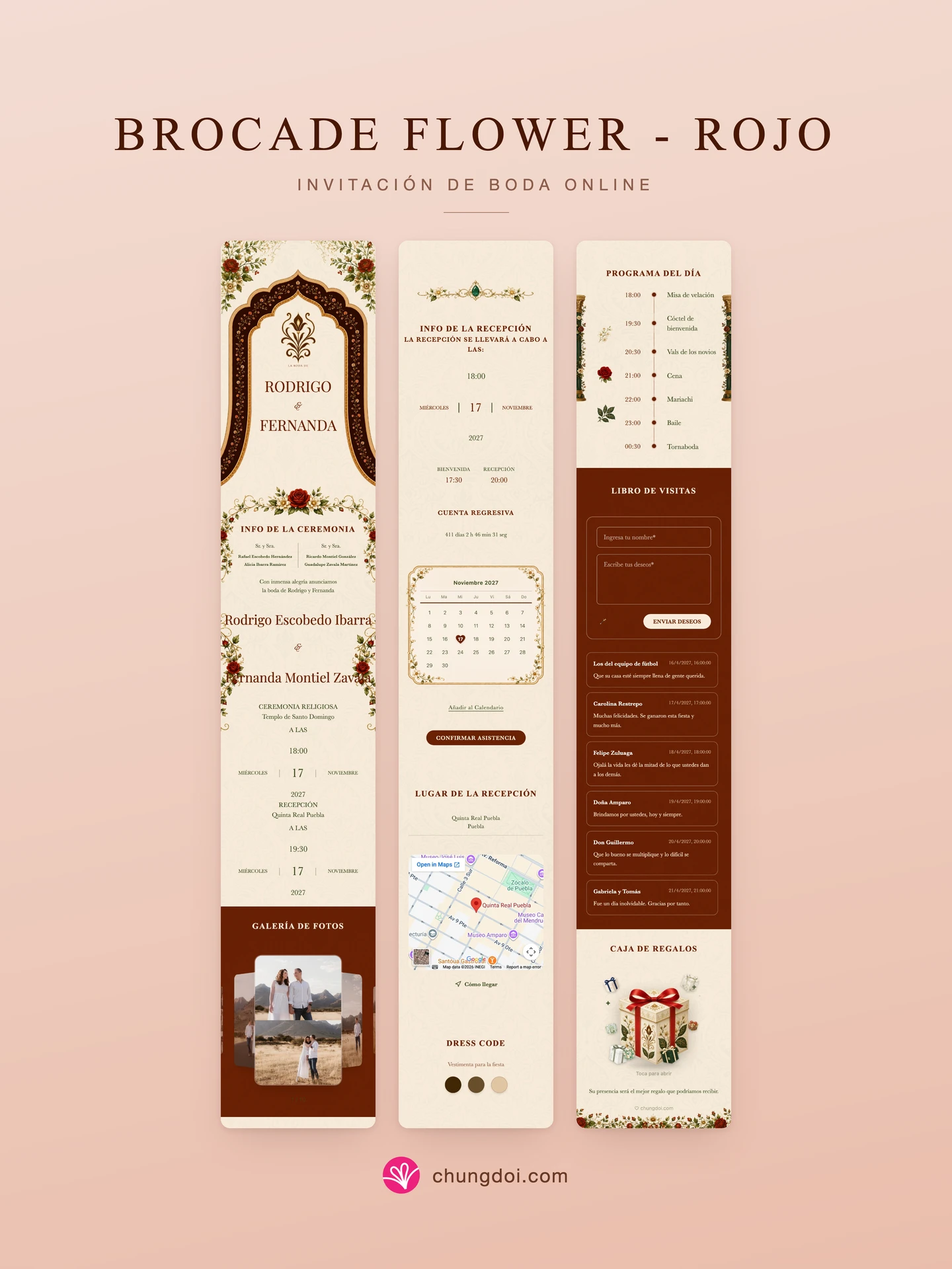 Vista completa de la invitación de boda Brocade Flower - Rojo: sus tres secciones una al lado de la otra