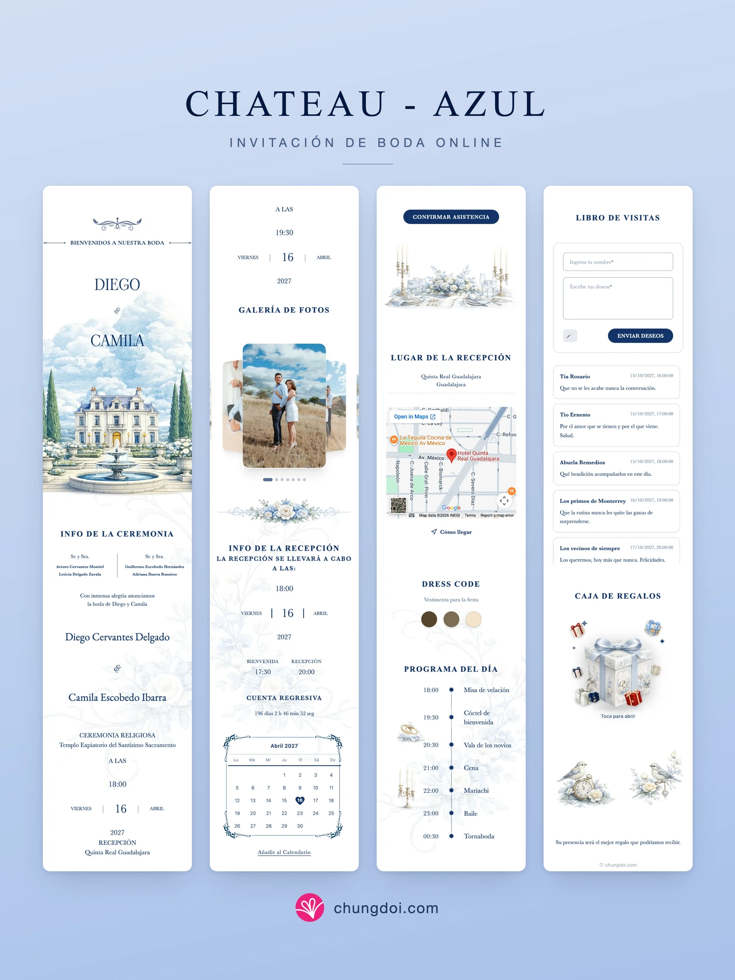 Vista completa de la invitación de boda Chateau - Azul: sus tres secciones una al lado de la otra
