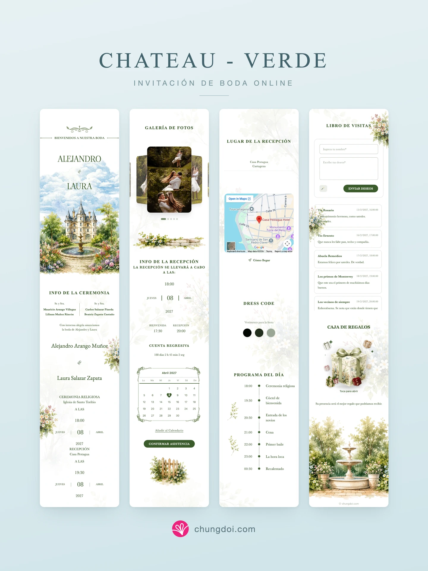 Vista completa de la invitación de boda Chateau - Verde: sus tres secciones una al lado de la otra