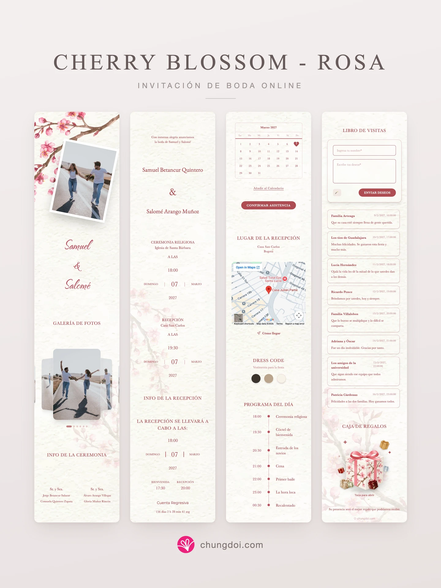 Vista completa de la invitación de boda Cherry Blossom - Rosa: sus tres secciones una al lado de la otra