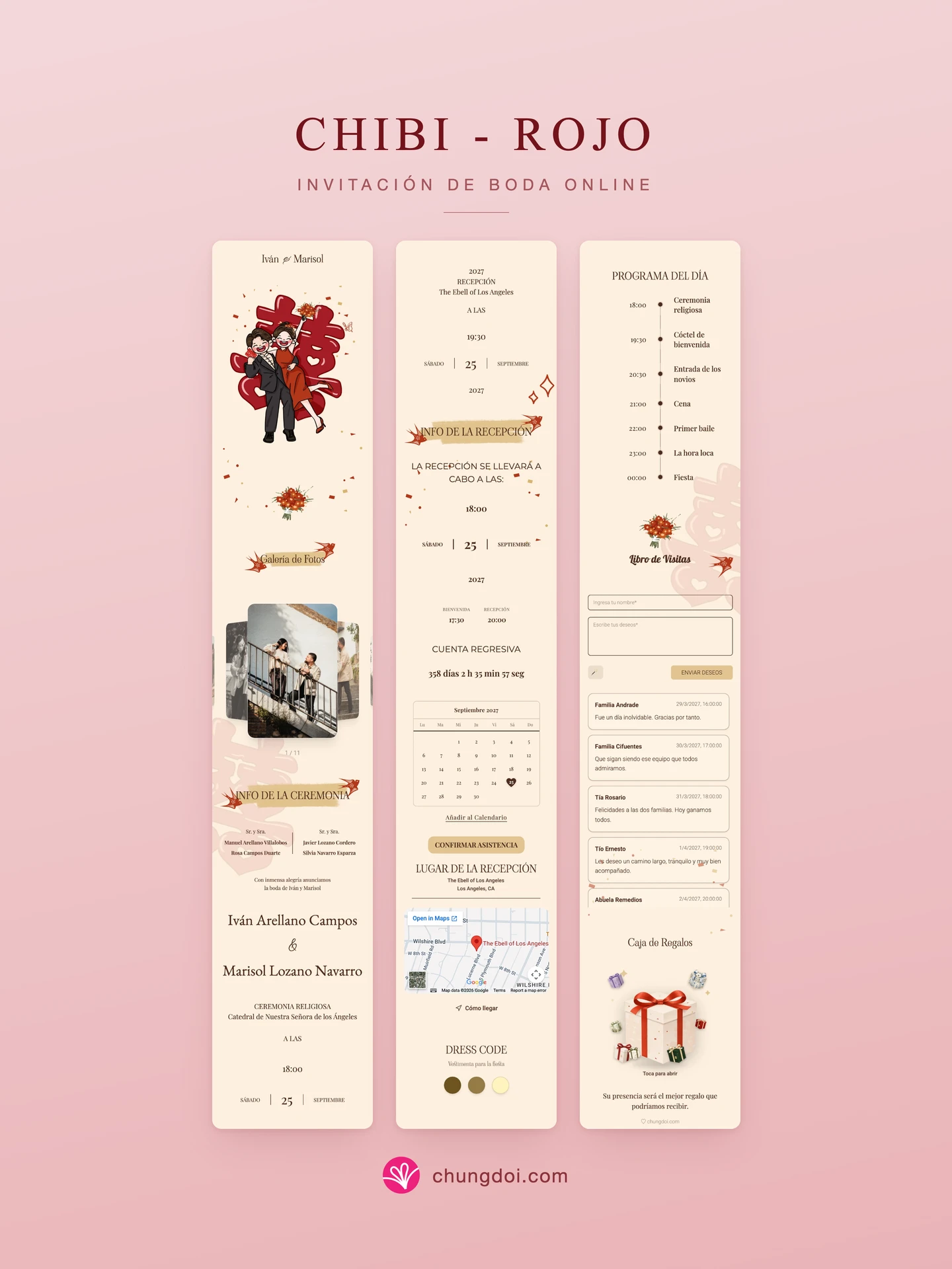 Vista completa de la invitación de boda Chibi - Rojo: sus tres secciones una al lado de la otra