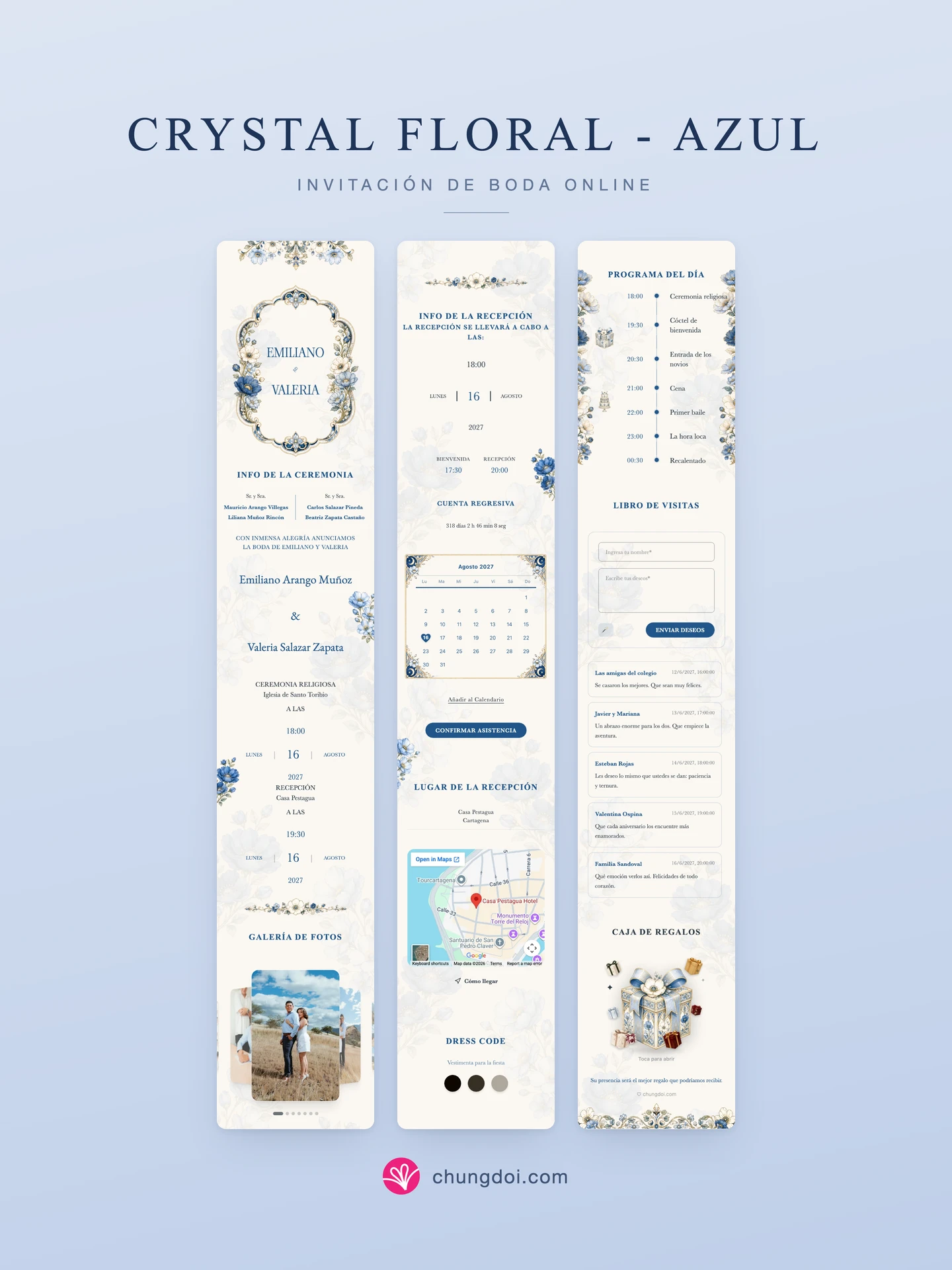 Vista completa de la invitación de boda Crystal Floral - Azul: sus tres secciones una al lado de la otra