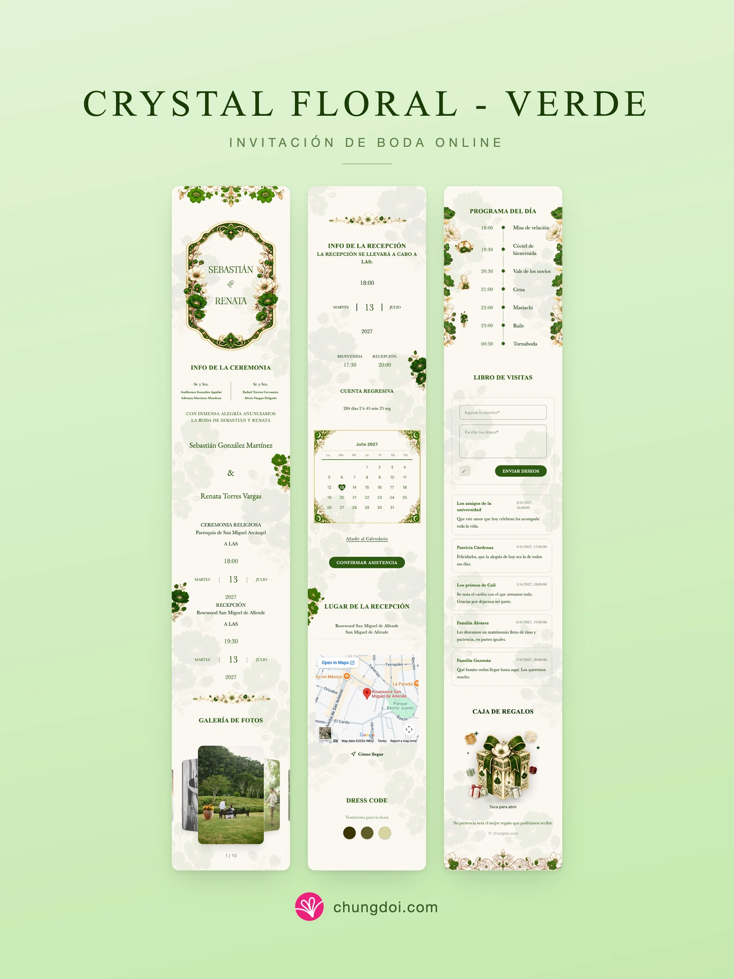 Vista completa de la invitación de boda Crystal Floral - Verde: sus tres secciones una al lado de la otra