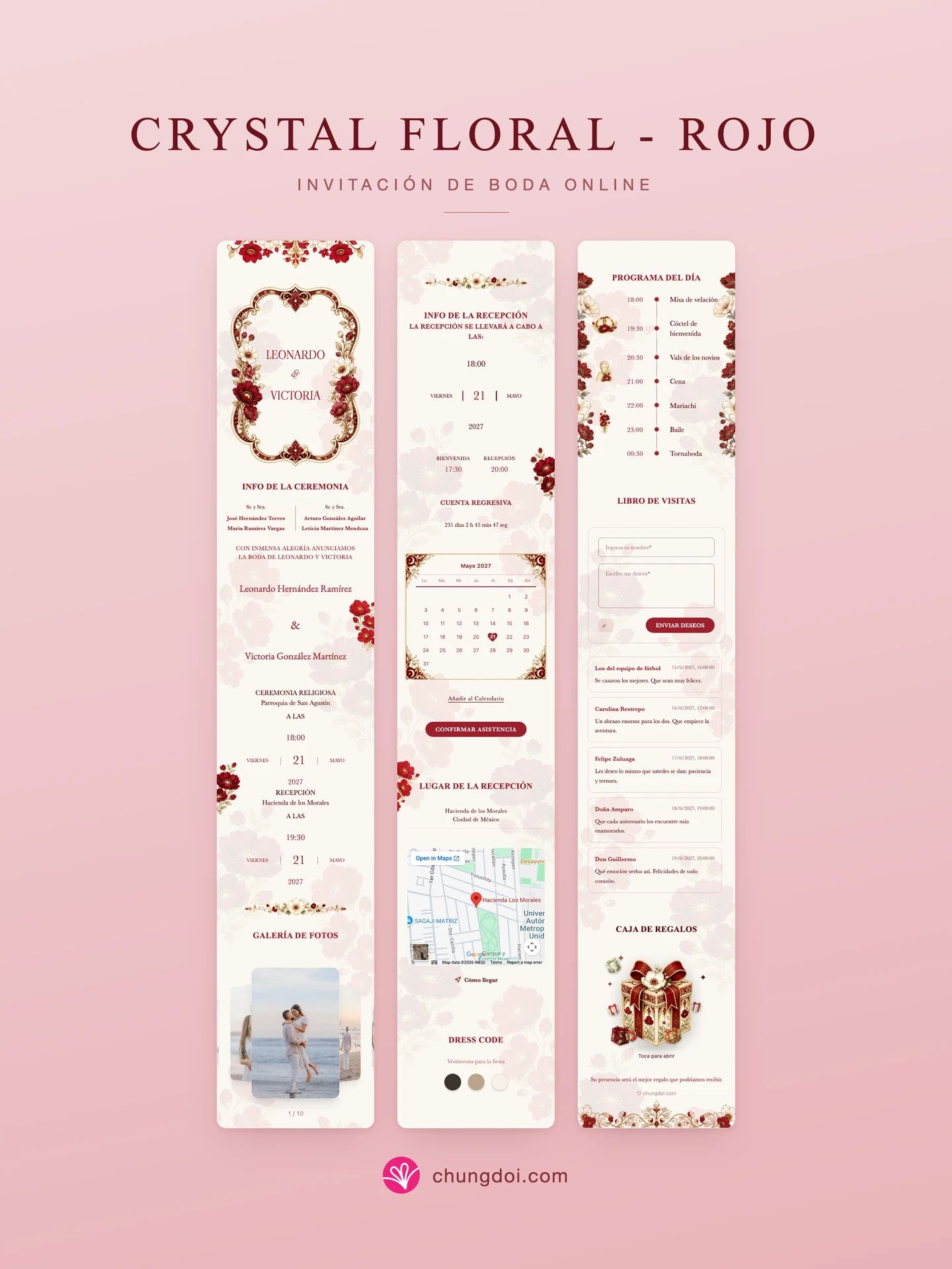 Vista completa de la invitación de boda Crystal Floral - Rojo: sus tres secciones una al lado de la otra