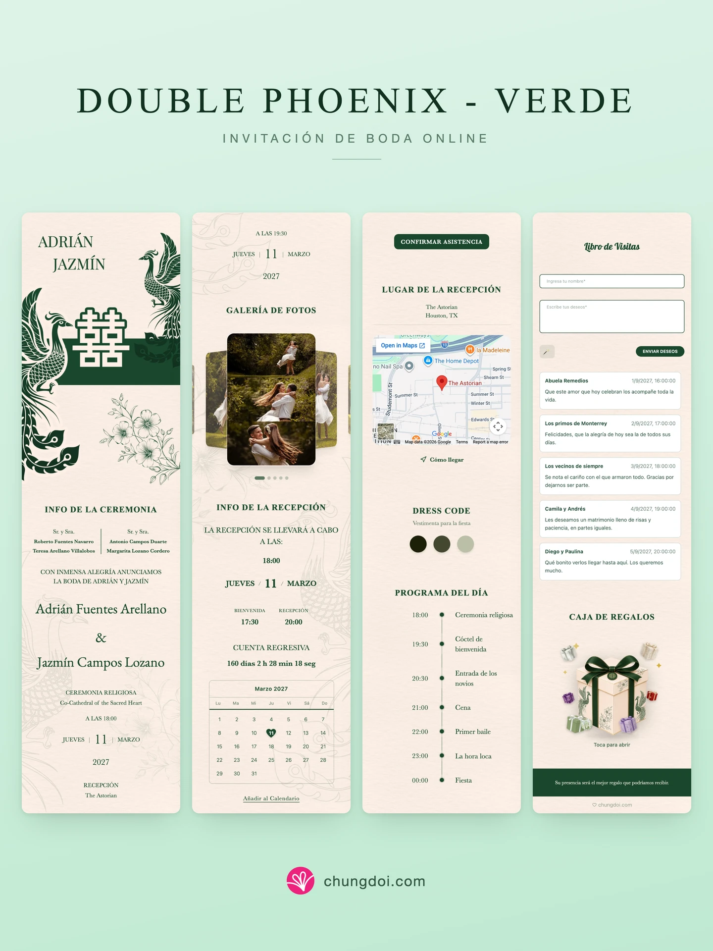 Vista completa de la invitación de boda Double Phoenix - Verde: sus tres secciones una al lado de la otra