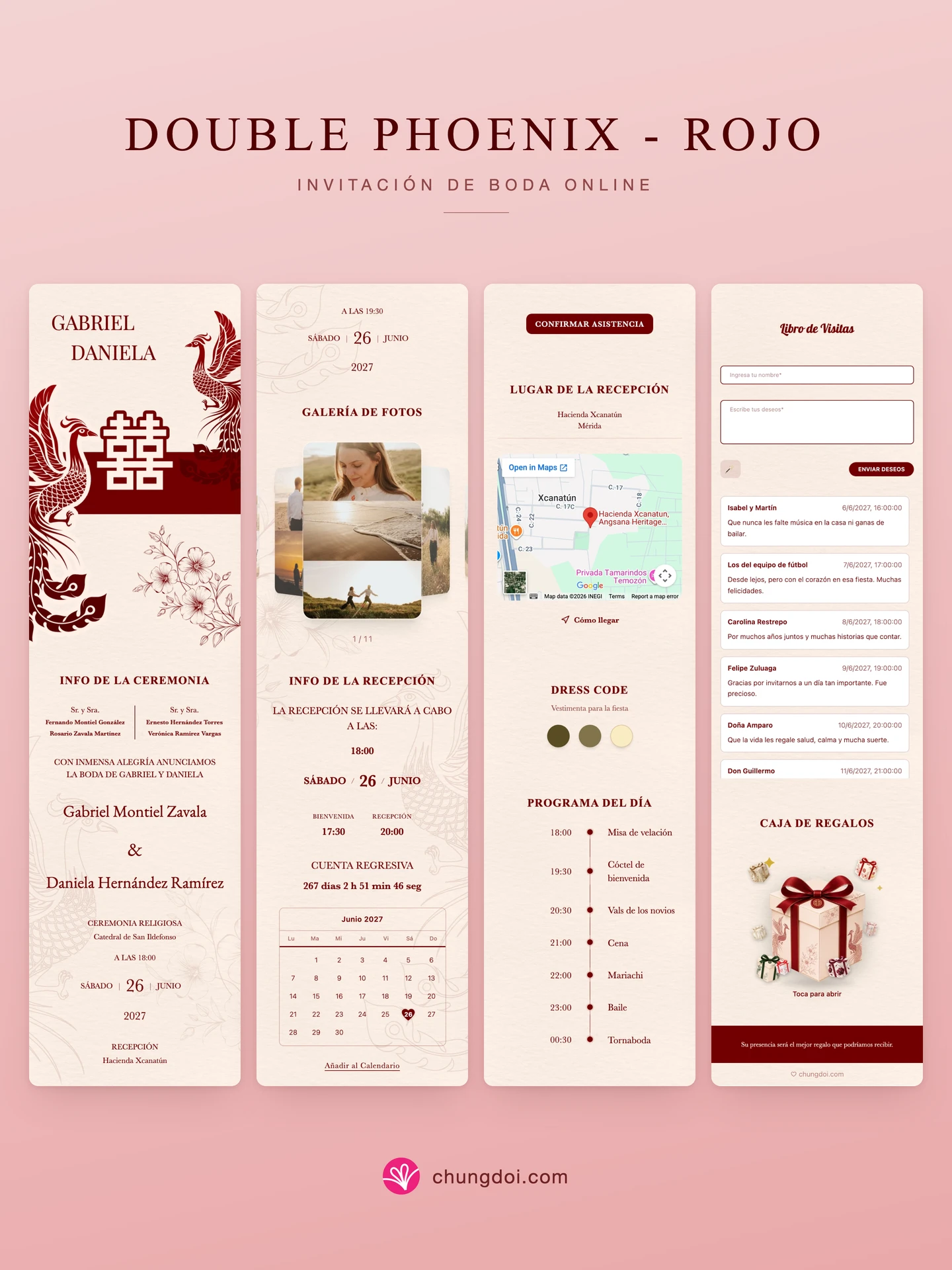Vista completa de la invitación de boda Double Phoenix - Rojo: sus tres secciones una al lado de la otra