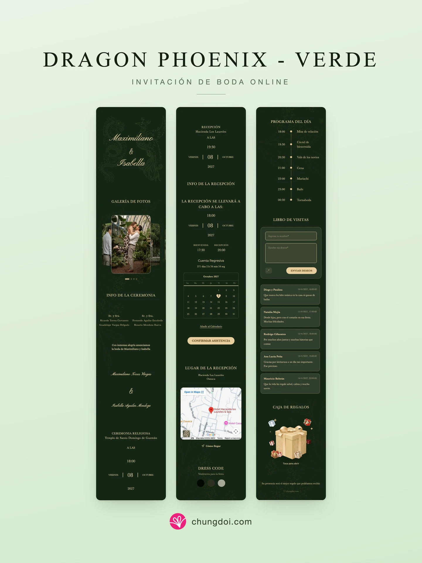Vista completa de la invitación de boda Dragon Phoenix - Verde: sus tres secciones una al lado de la otra