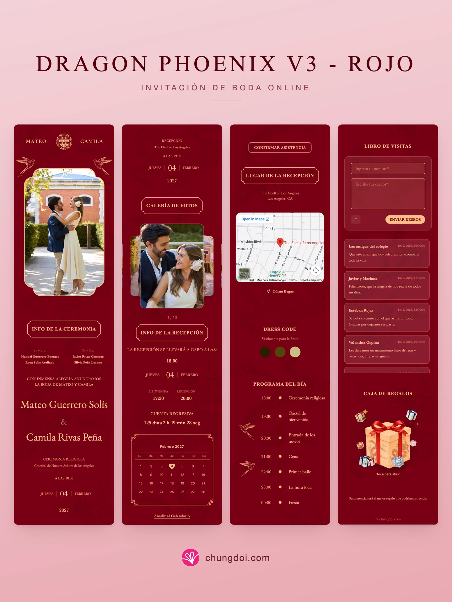 Vista completa de la invitación de boda Dragon Phoenix V3 - Rojo: sus tres secciones una al lado de la otra