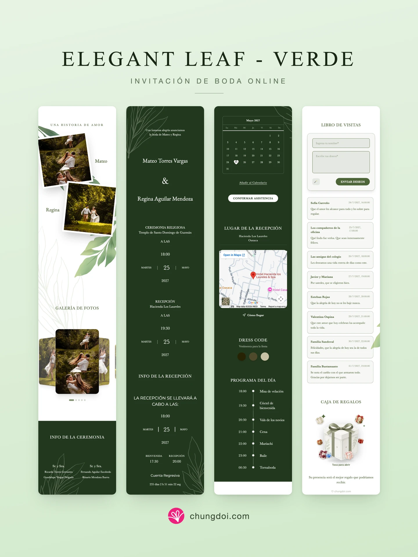 Vista completa de la invitación de boda Elegant Leaf - Verde: sus tres secciones una al lado de la otra