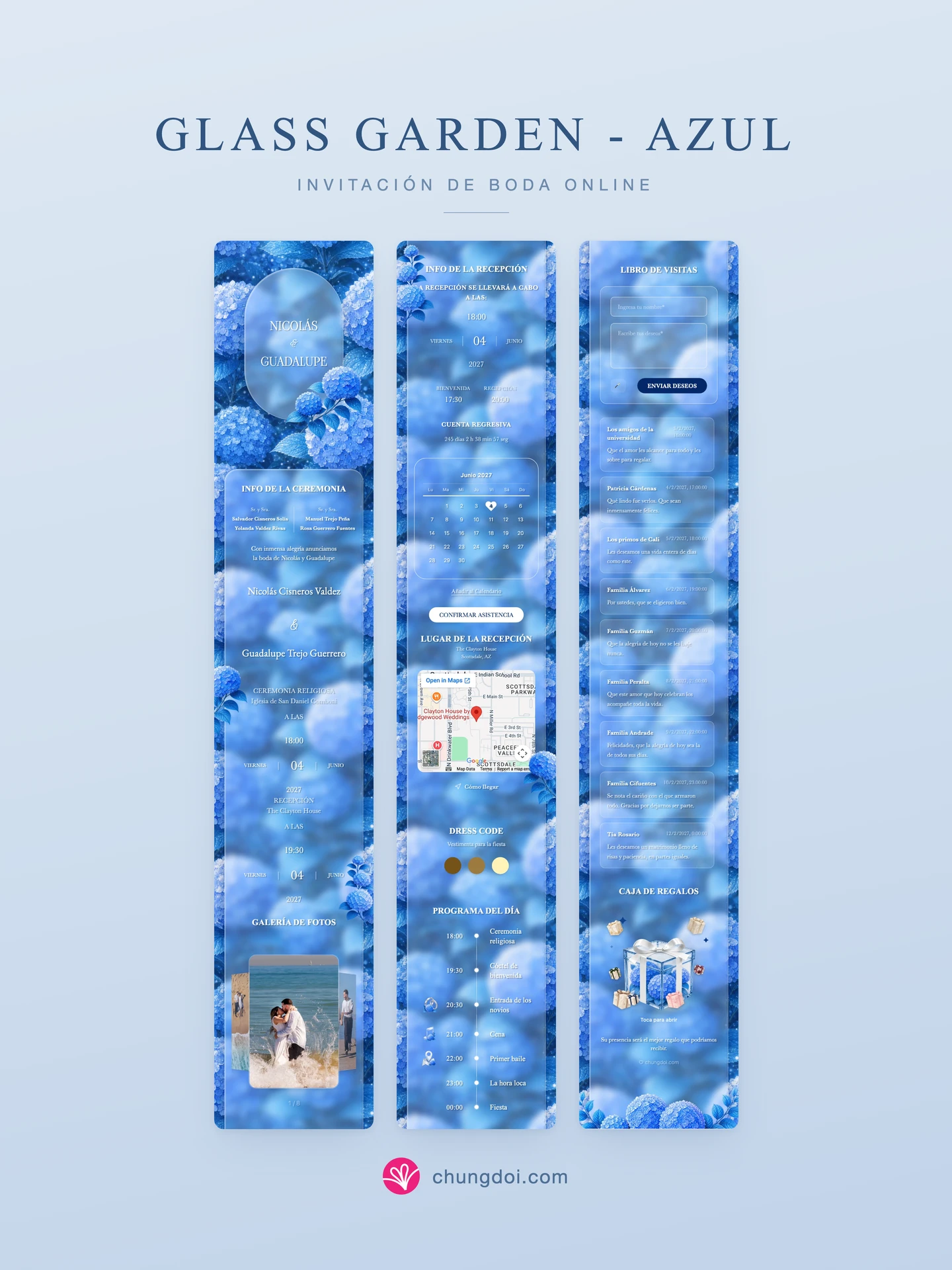 Vista completa de la invitación de boda Glass Garden - Azul: sus tres secciones una al lado de la otra
