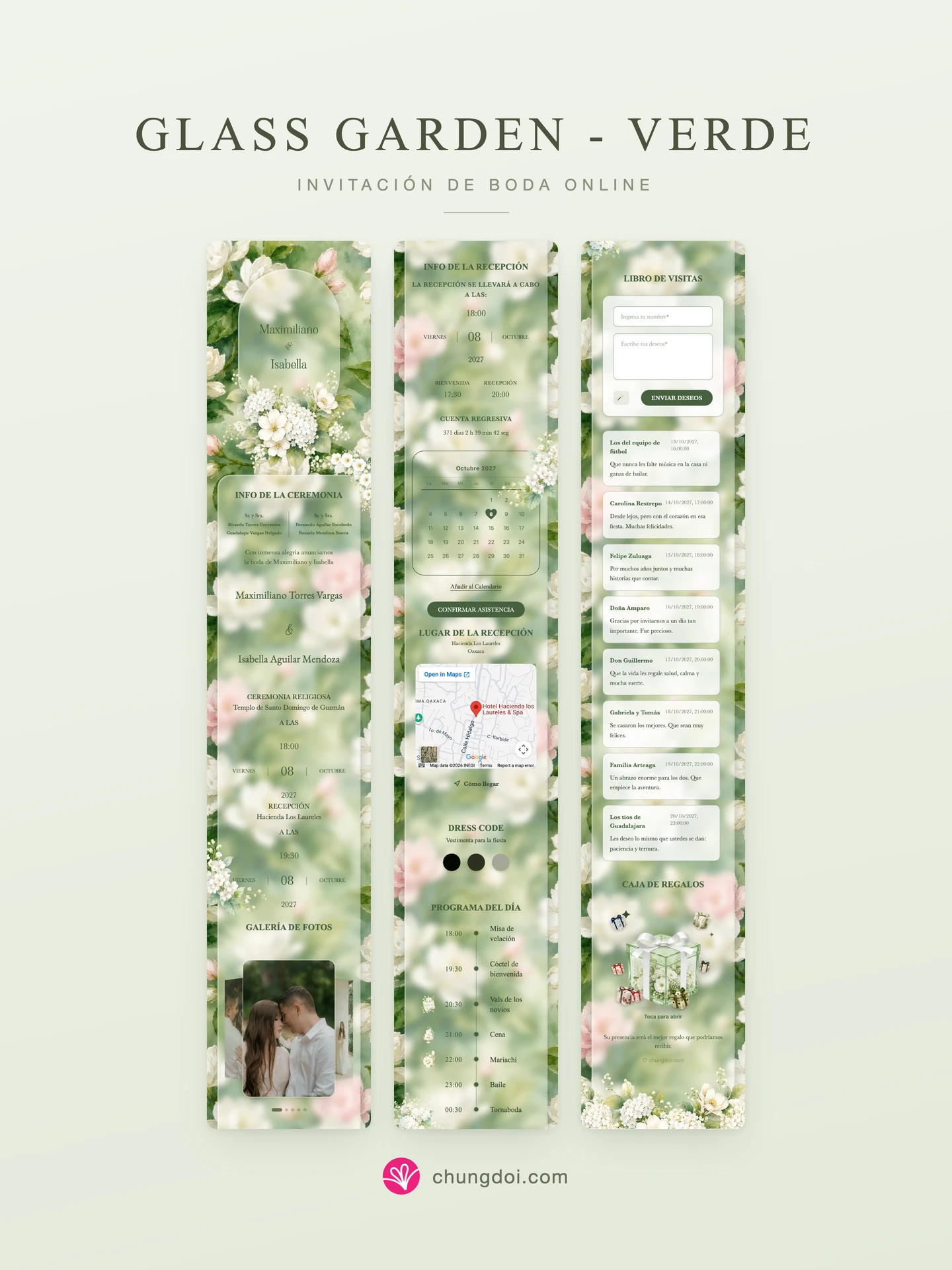Vista completa de la invitación de boda Glass Garden - Verde: sus tres secciones una al lado de la otra