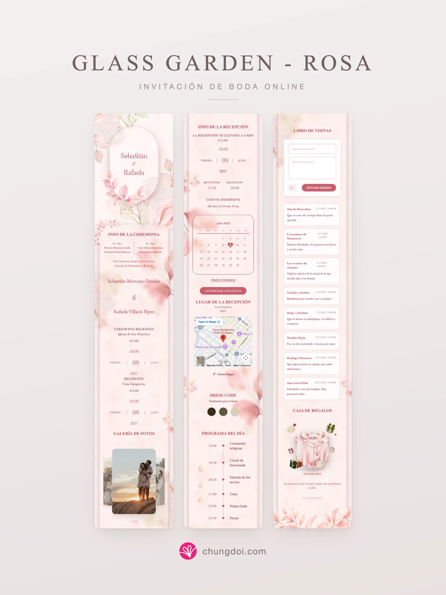Vista completa de la invitación de boda Glass Garden - Rosa: sus tres secciones una al lado de la otra