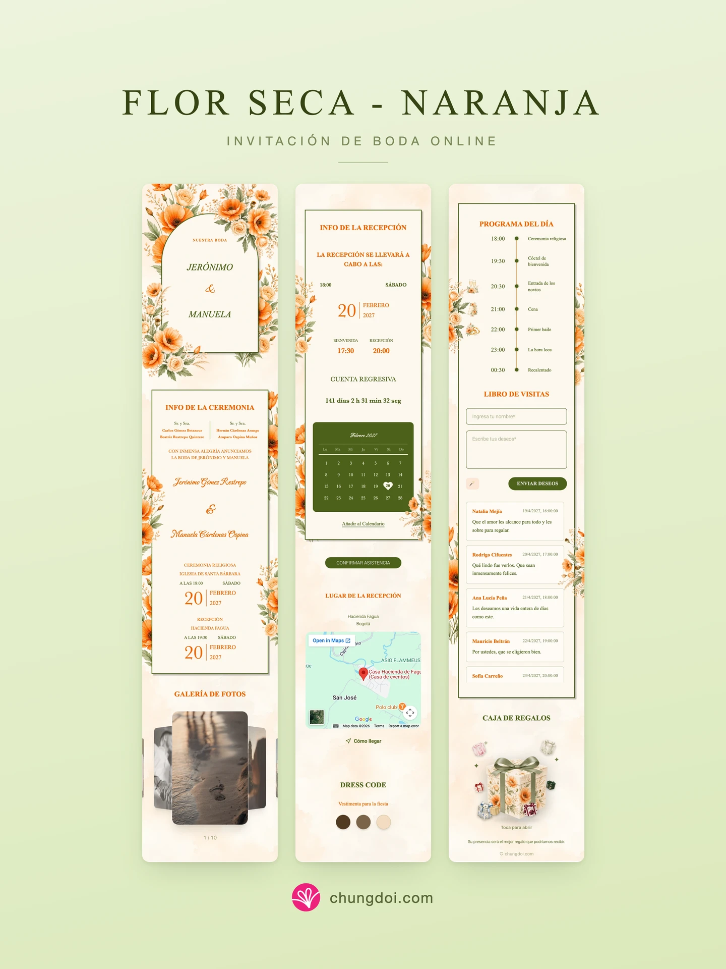 Vista completa de la invitación de boda Flor Seca - Naranja: sus tres secciones una al lado de la otra