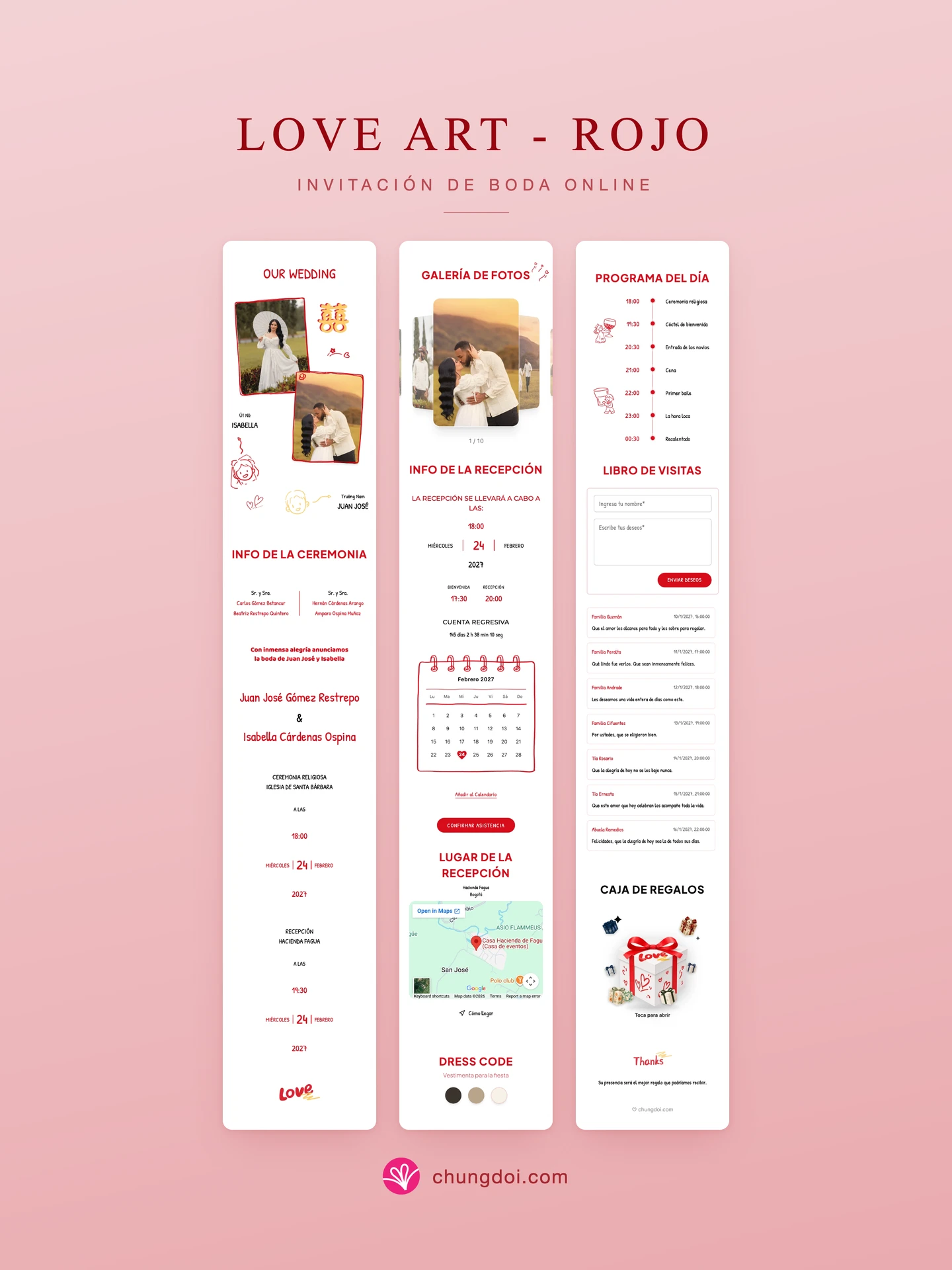 Vista completa de la invitación de boda Love Art - Rojo: sus tres secciones una al lado de la otra