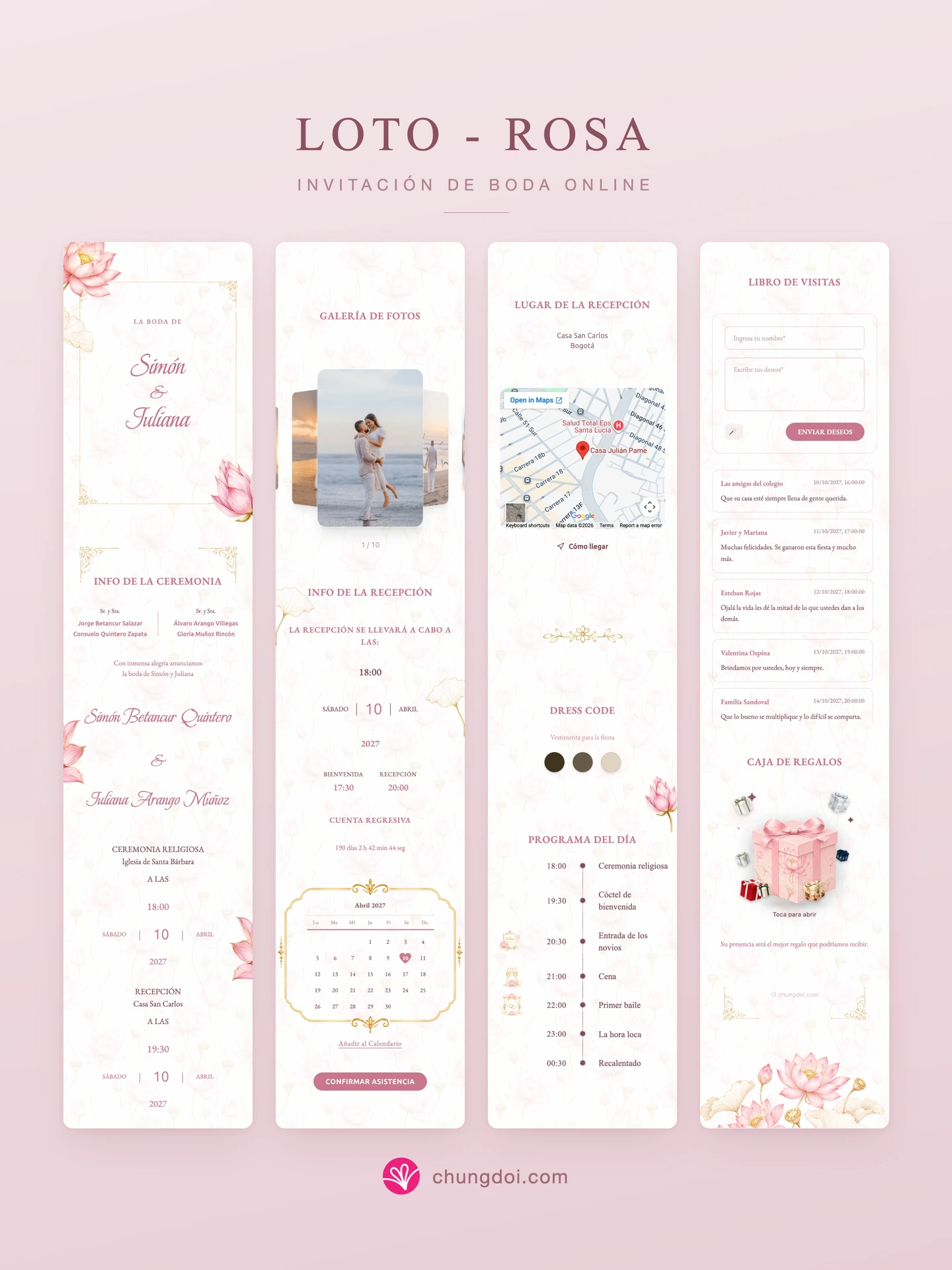 Vista completa de la invitación de boda Loto - Rosa: sus tres secciones una al lado de la otra