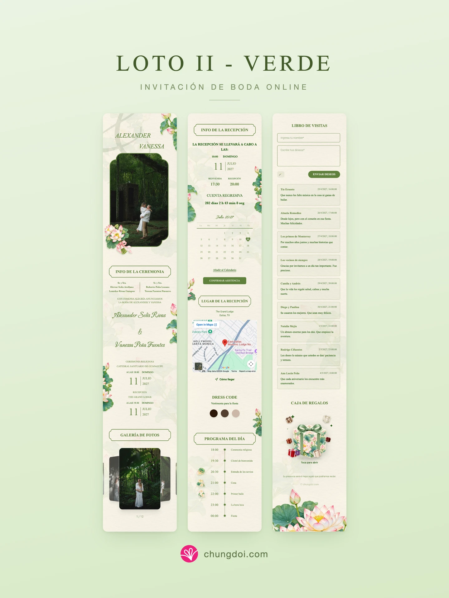 Vista completa de la invitación de boda Loto II - Verde: sus tres secciones una al lado de la otra
