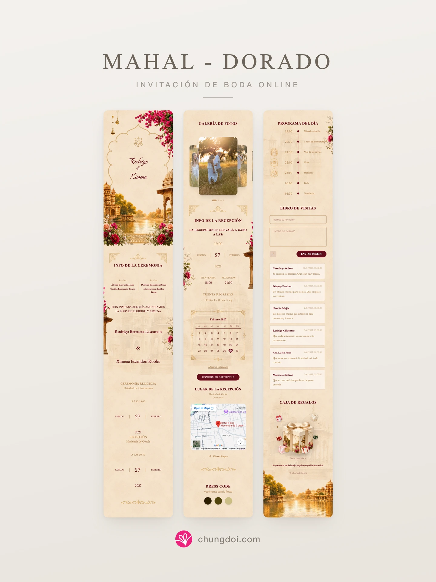 Vista completa de la invitación de boda Mahal - Dorado: sus tres secciones una al lado de la otra