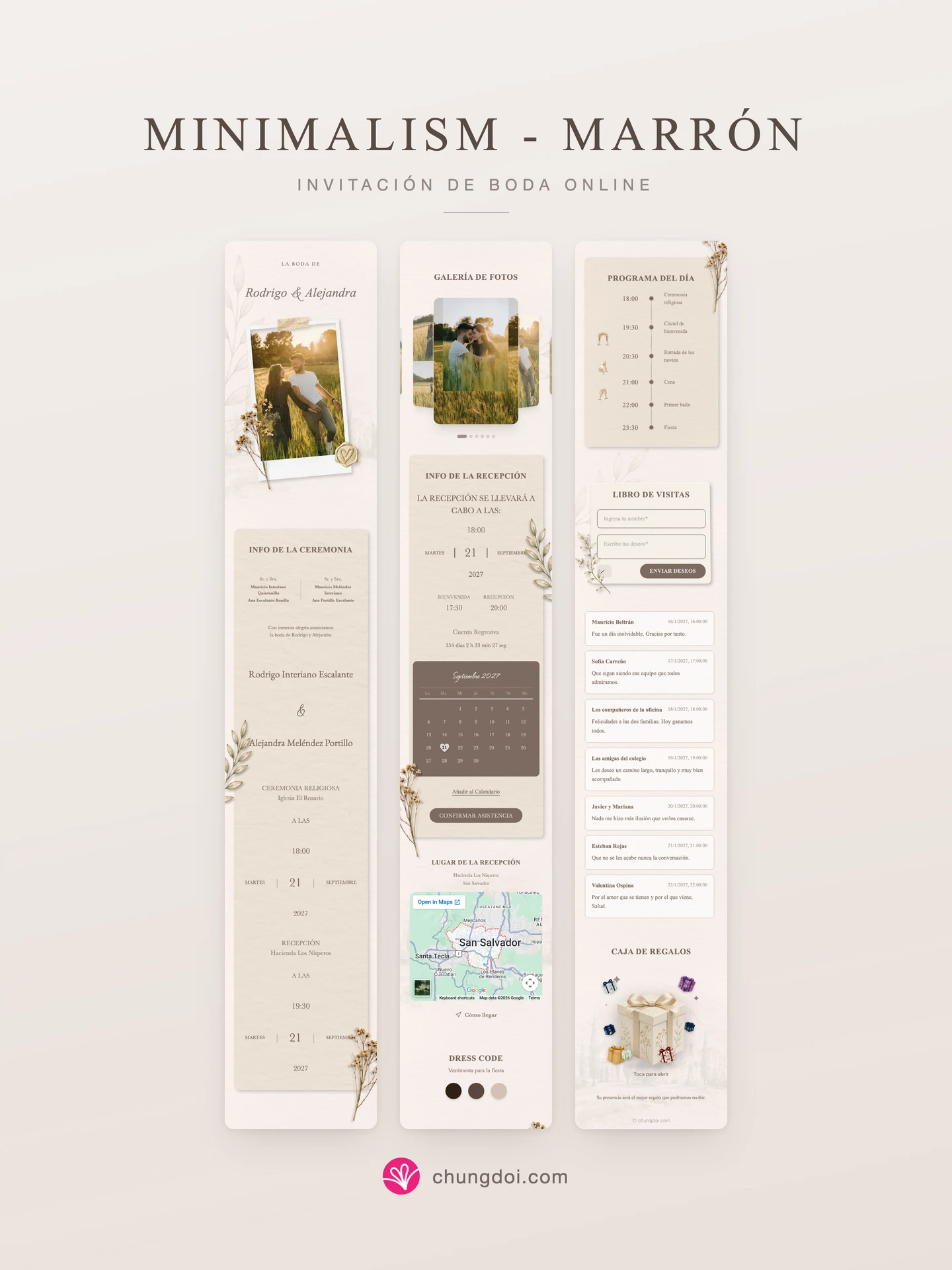 Vista completa de la invitación de boda Minimalism - Marrón: sus tres secciones una al lado de la otra