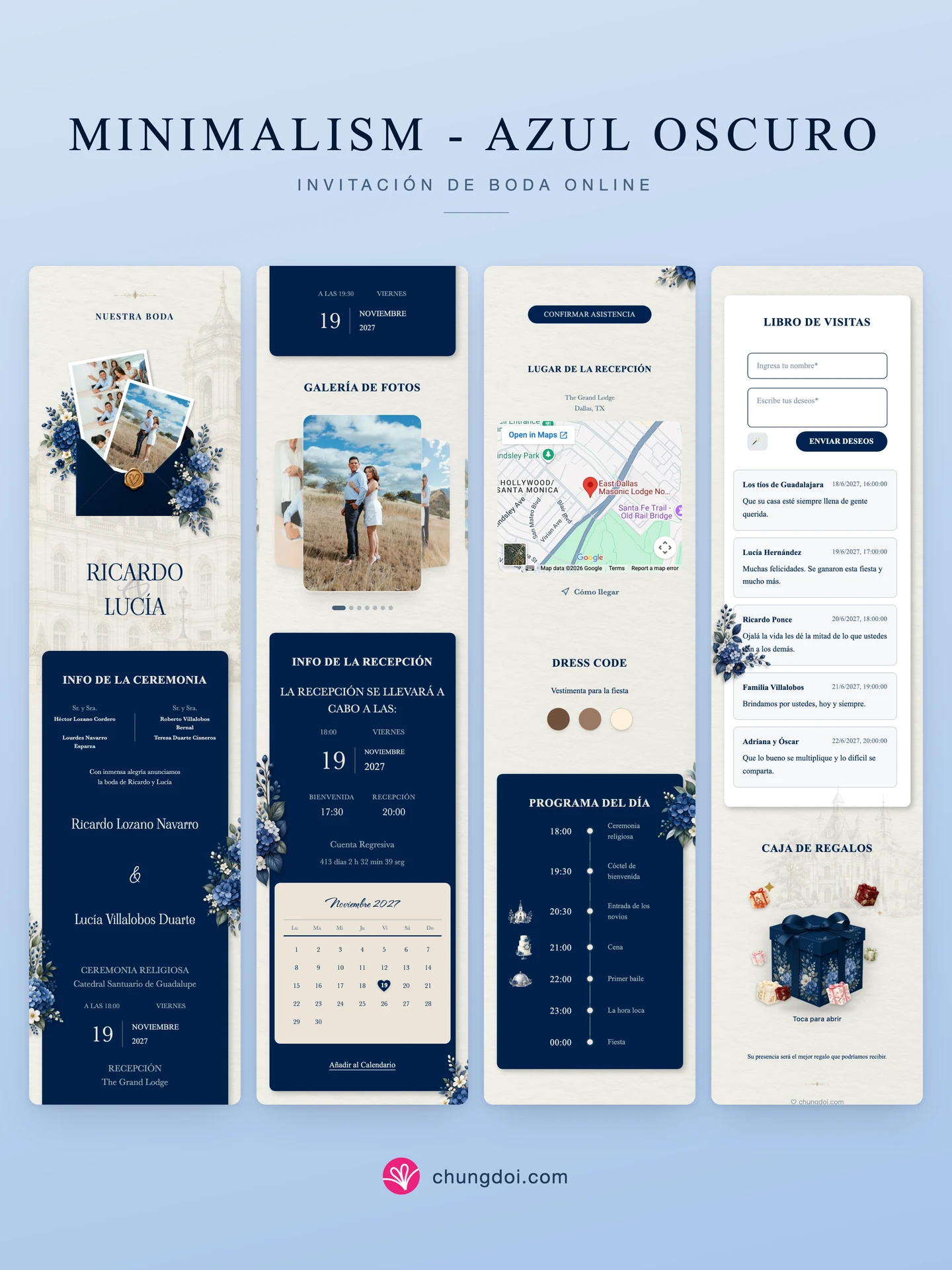 Vista completa de la invitación de boda Minimalism - Azul Oscuro: sus tres secciones una al lado de la otra
