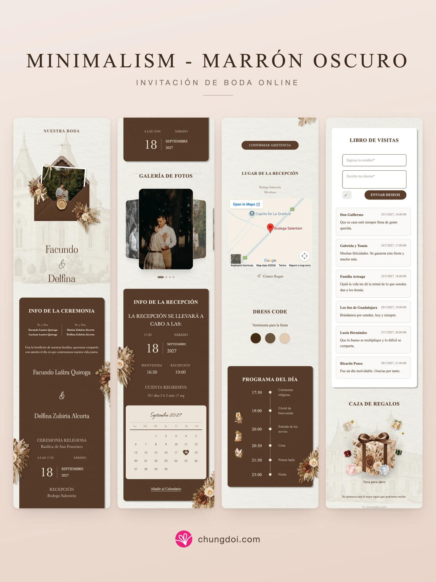 Vista completa de la invitación de boda Minimalism - Marrón Oscuro: sus tres secciones una al lado de la otra