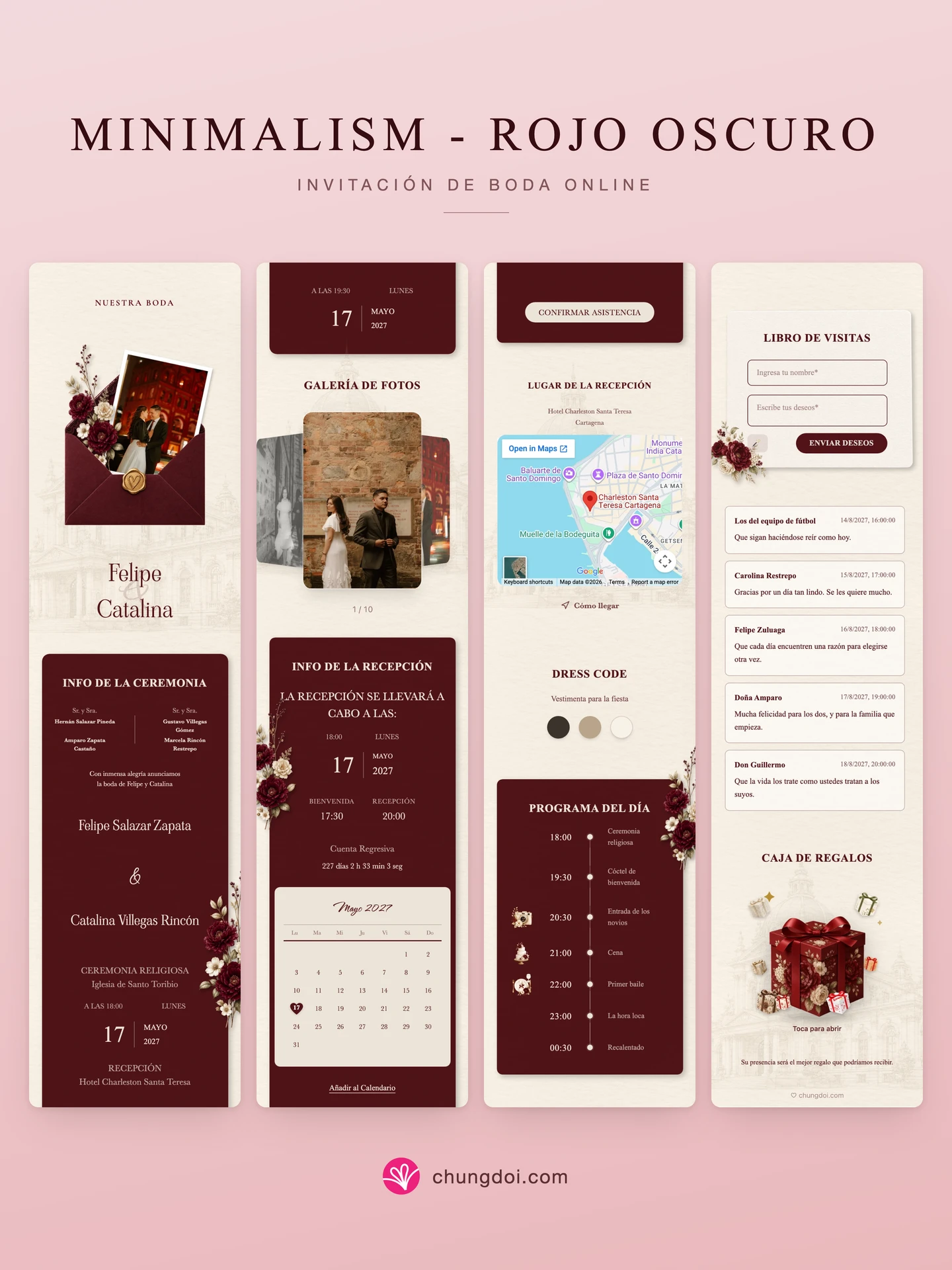 Vista completa de la invitación de boda Minimalism - Rojo Oscuro: sus tres secciones una al lado de la otra