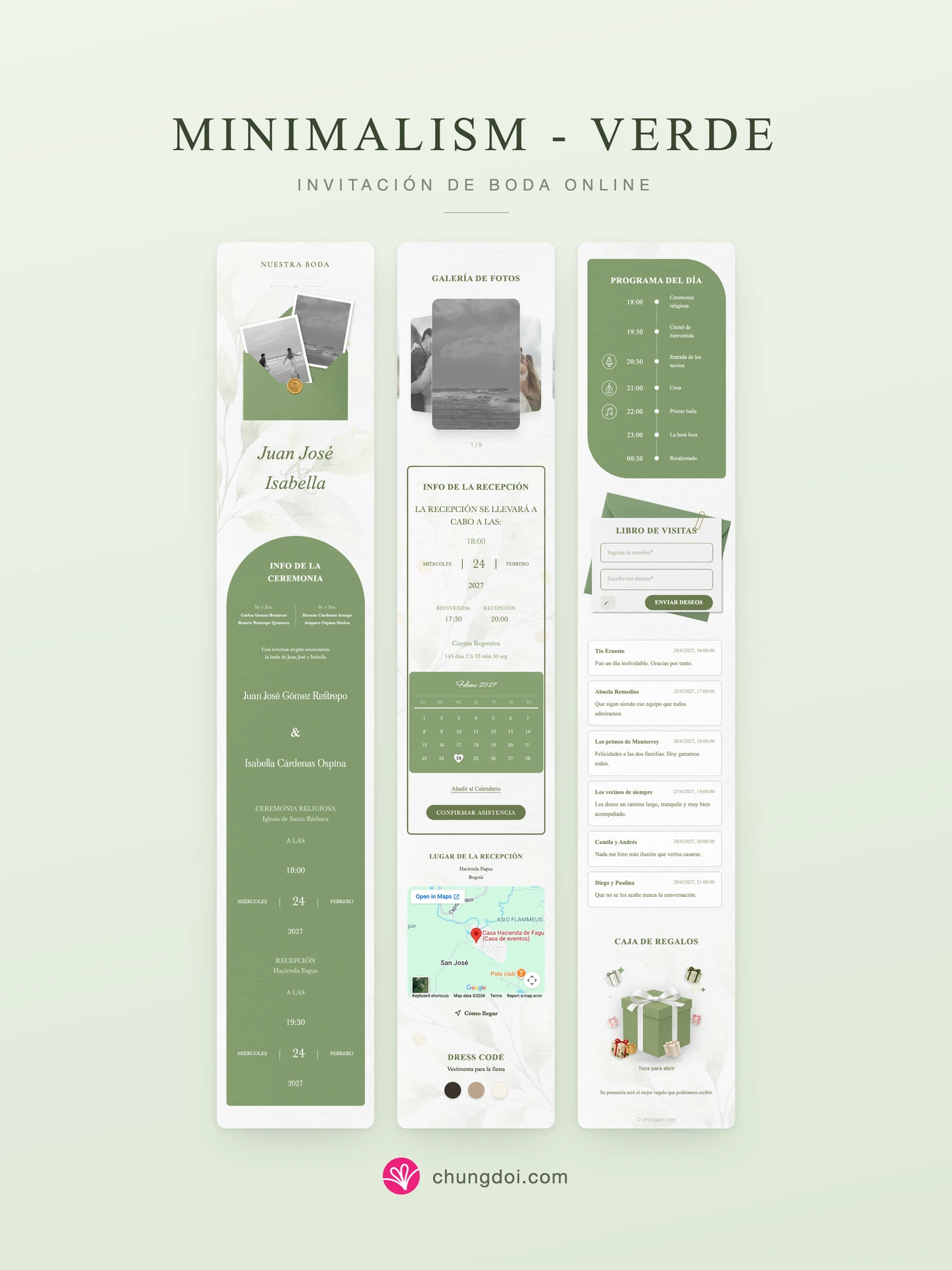 Vista completa de la invitación de boda Minimalism - Verde: sus tres secciones una al lado de la otra