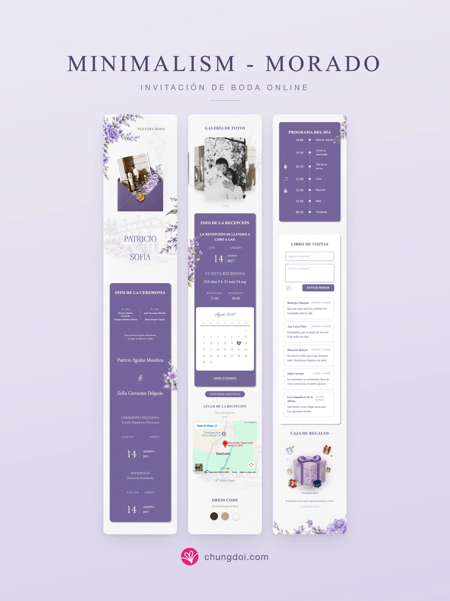 Vista completa de la invitación de boda Minimalism - Morado: sus tres secciones una al lado de la otra