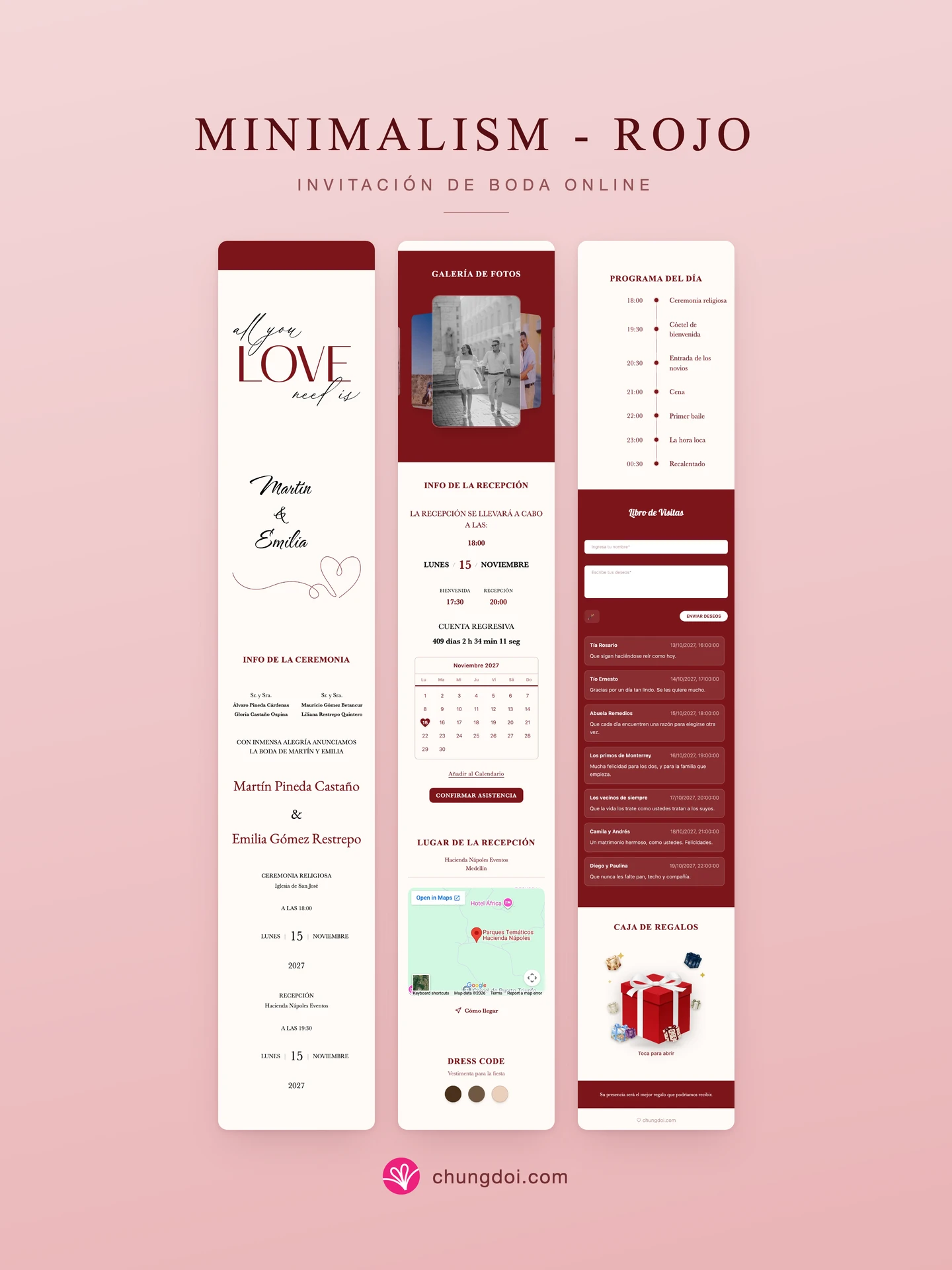 Vista completa de la invitación de boda Minimalism - Rojo: sus tres secciones una al lado de la otra