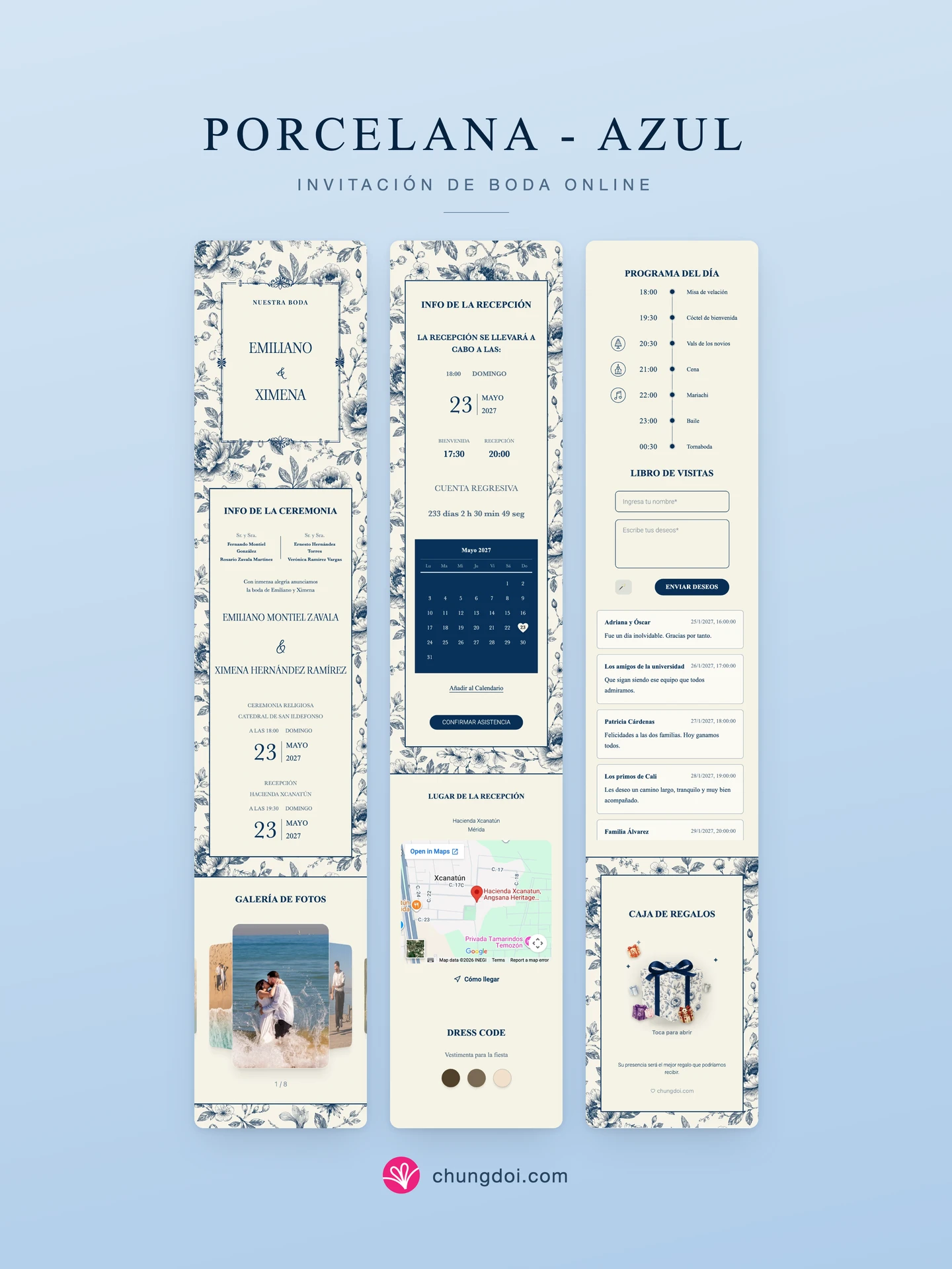 Vista completa de la invitación de boda Porcelana - Azul: sus tres secciones una al lado de la otra