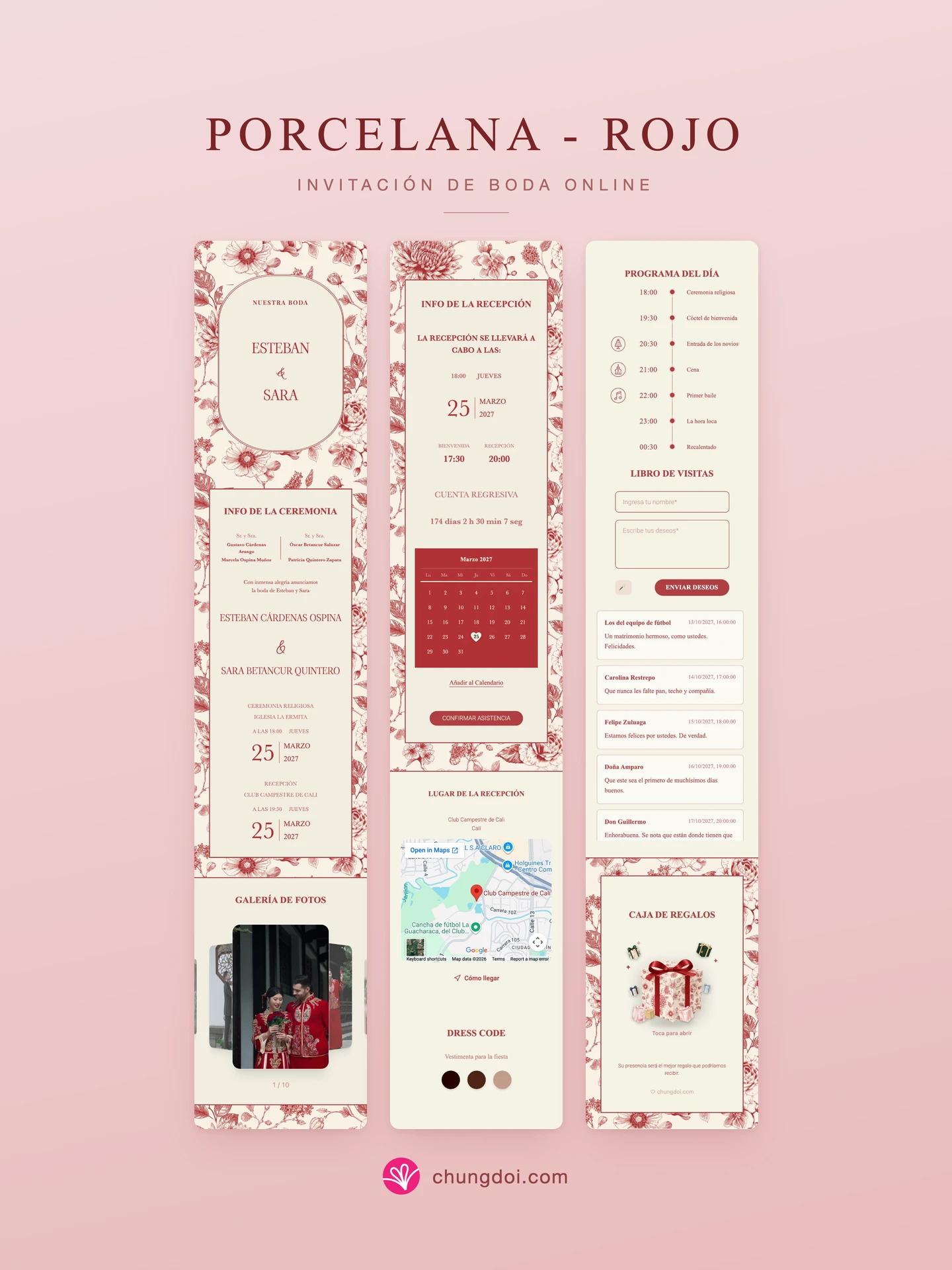 Vista completa de la invitación de boda Porcelana - Rojo: sus tres secciones una al lado de la otra