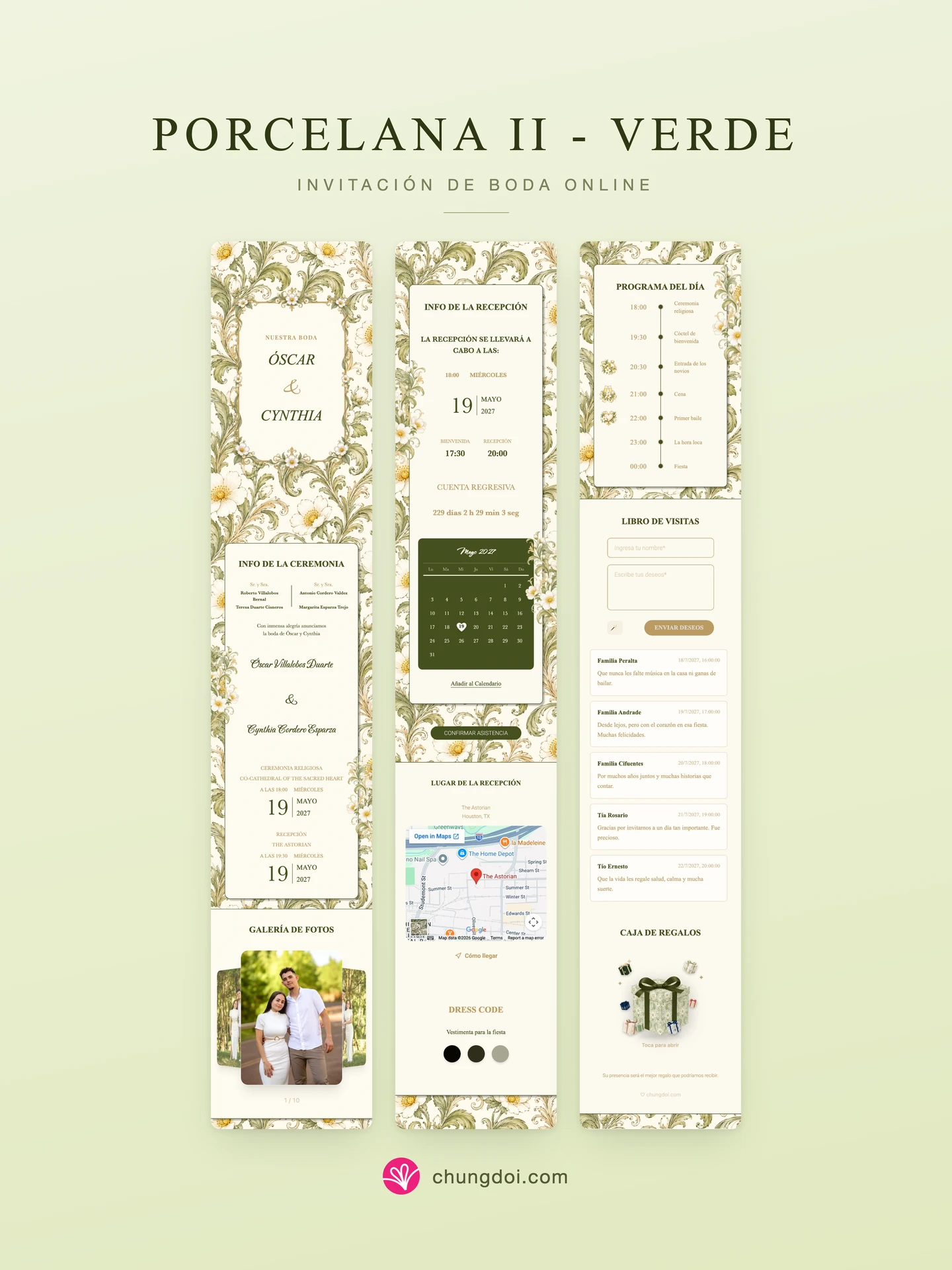 Vista completa de la invitación de boda Porcelana II - Verde: sus tres secciones una al lado de la otra