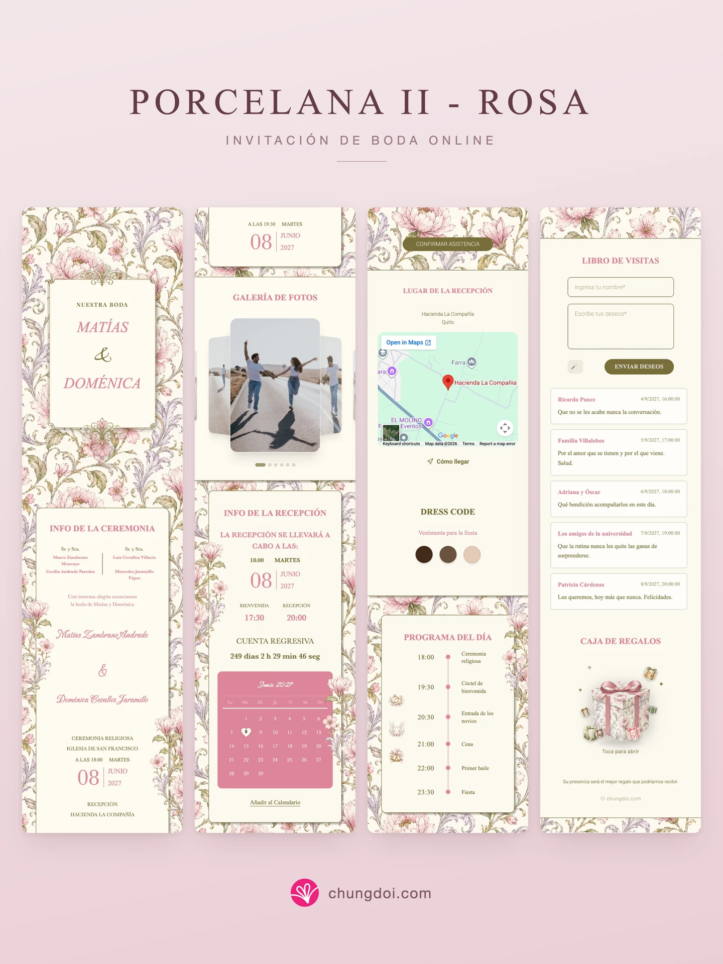 Vista completa de la invitación de boda Porcelana II - Rosa: sus tres secciones una al lado de la otra