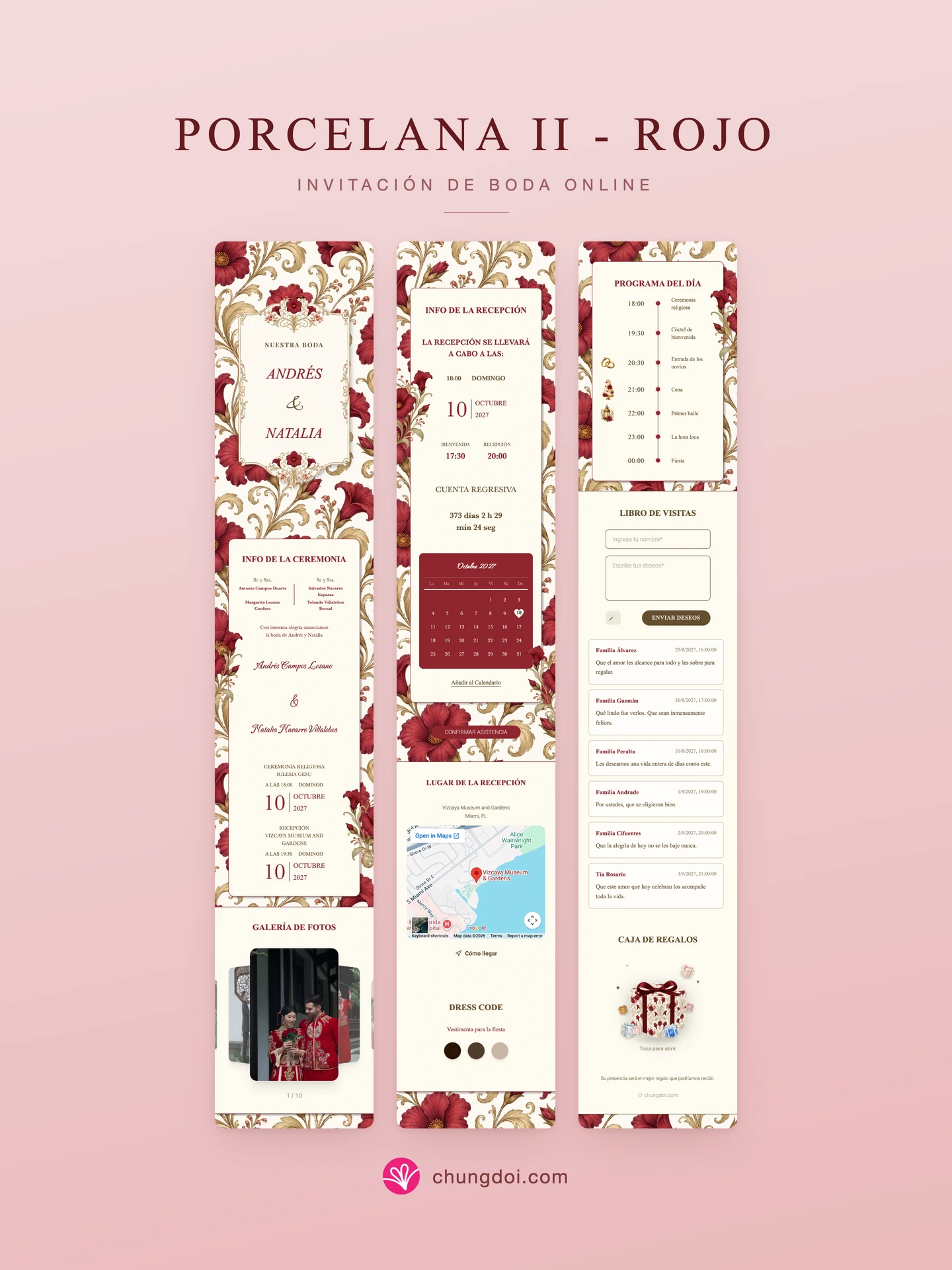 Vista completa de la invitación de boda Porcelana II - Rojo: sus tres secciones una al lado de la otra
