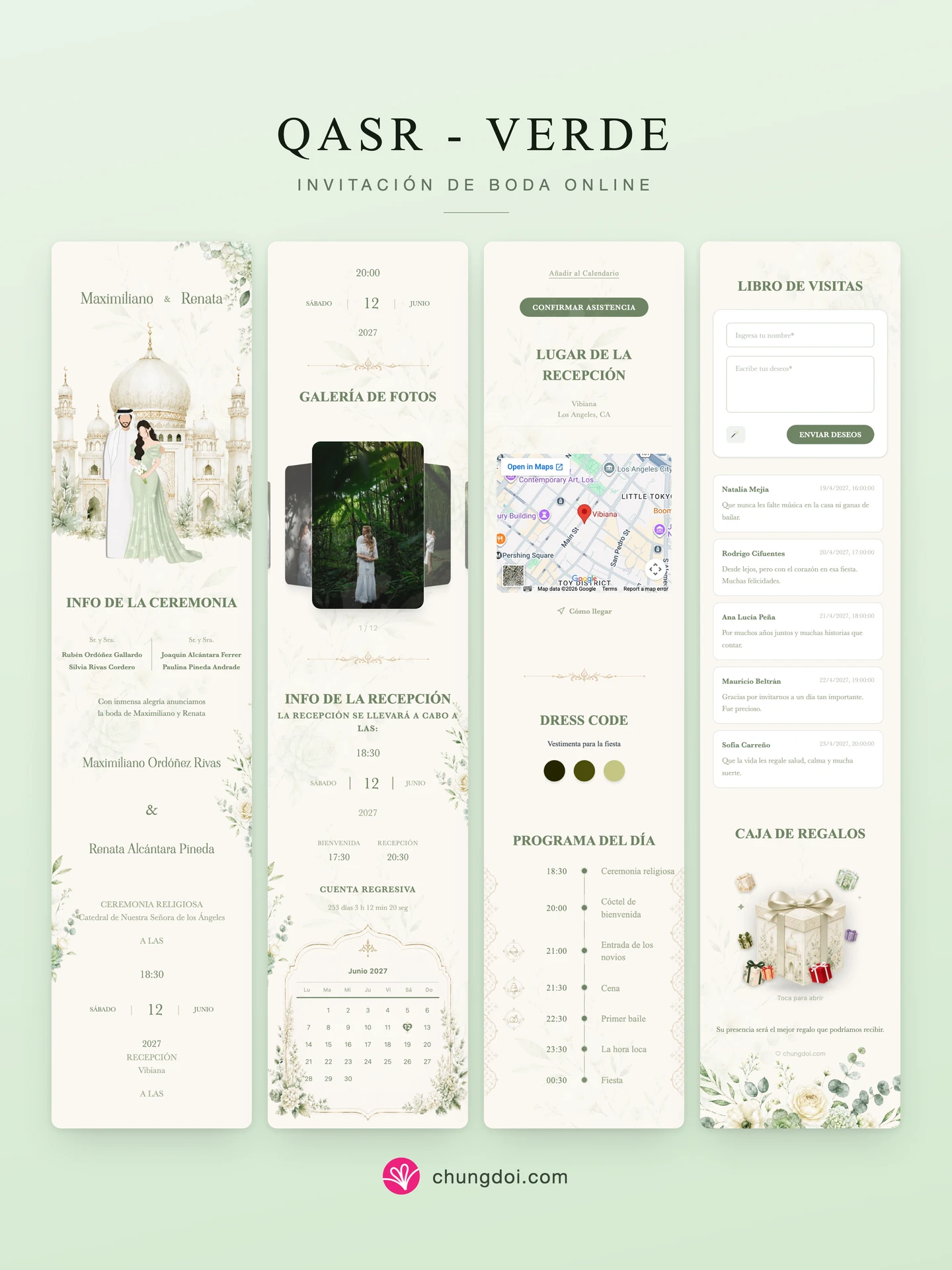 Vista completa de la invitación de boda Qasr - Verde: sus tres secciones una al lado de la otra
