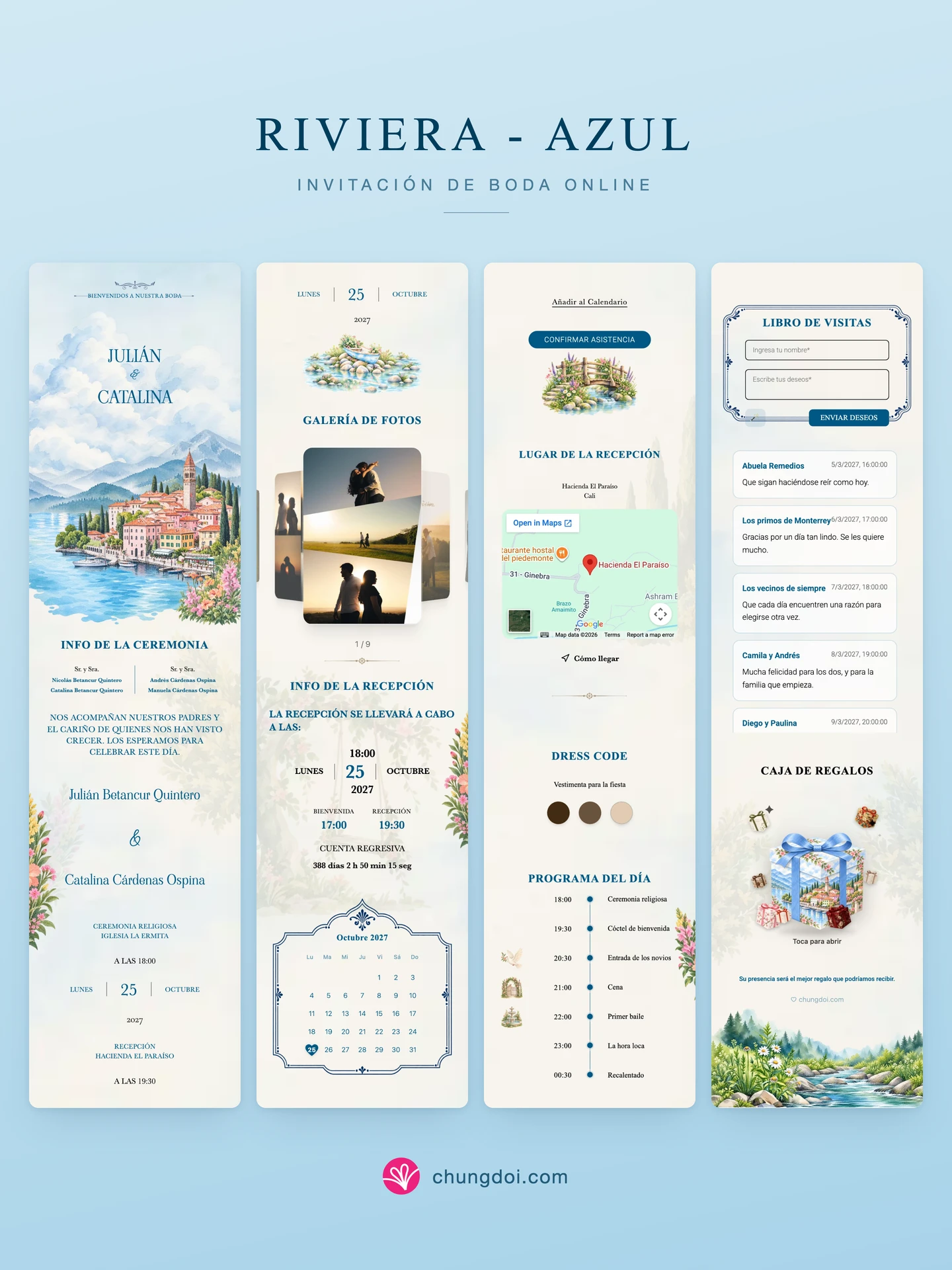 Vista completa de la invitación de boda Riviera - Azul: sus tres secciones una al lado de la otra