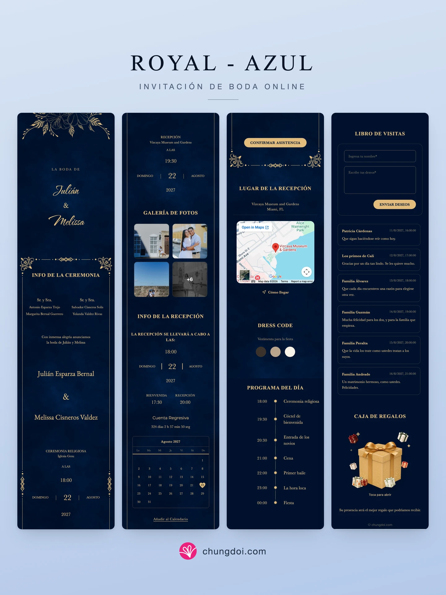 Vista completa de la invitación de boda Royal - Azul: sus tres secciones una al lado de la otra