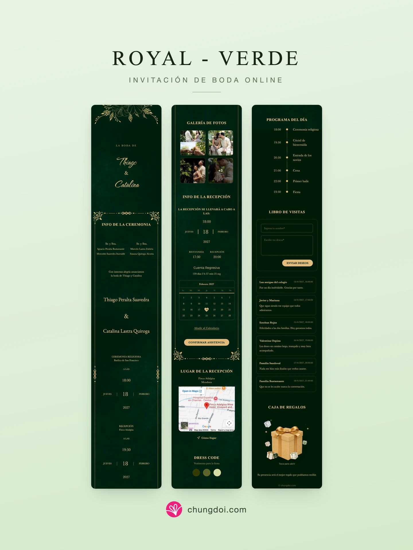 Vista completa de la invitación de boda Royal - Verde: sus tres secciones una al lado de la otra