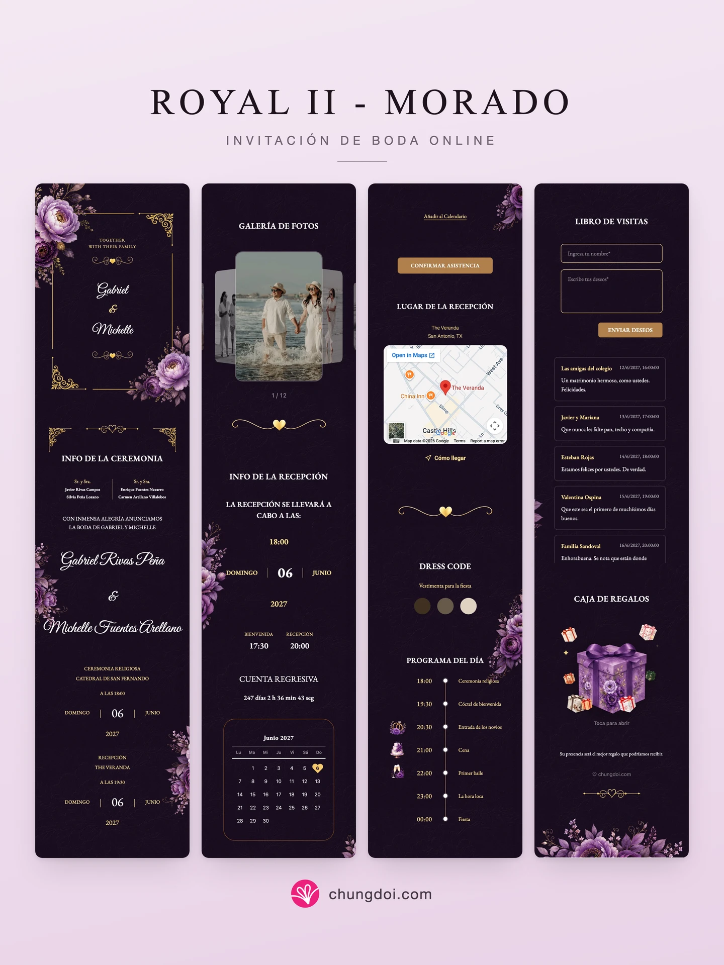 Vista completa de la invitación de boda Royal II - Morado: sus tres secciones una al lado de la otra