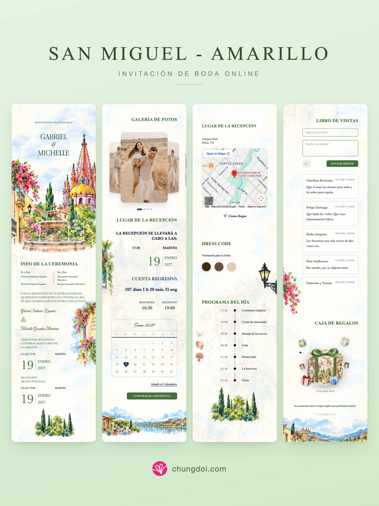 Vista completa de la invitación de boda San Miguel - Amarillo: sus tres secciones una al lado de la otra