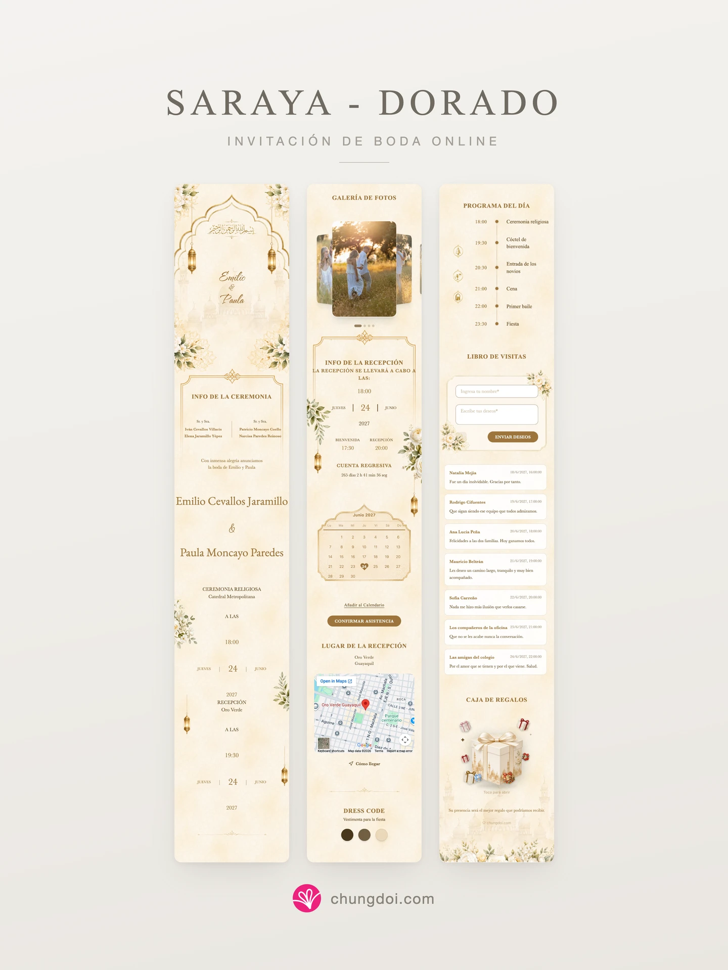 Vista completa de la invitación de boda Saraya - Dorado: sus tres secciones una al lado de la otra