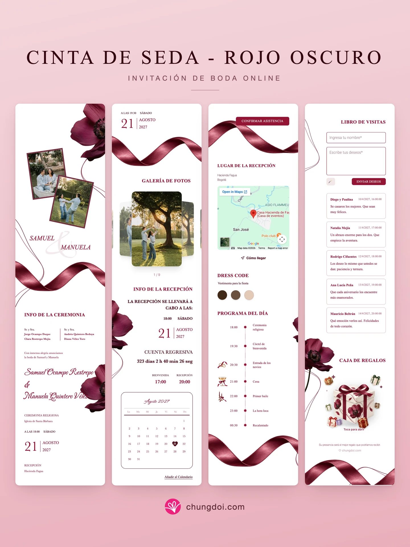 Vista completa de la invitación de boda Cinta de Seda - Rojo Oscuro: sus tres secciones una al lado de la otra