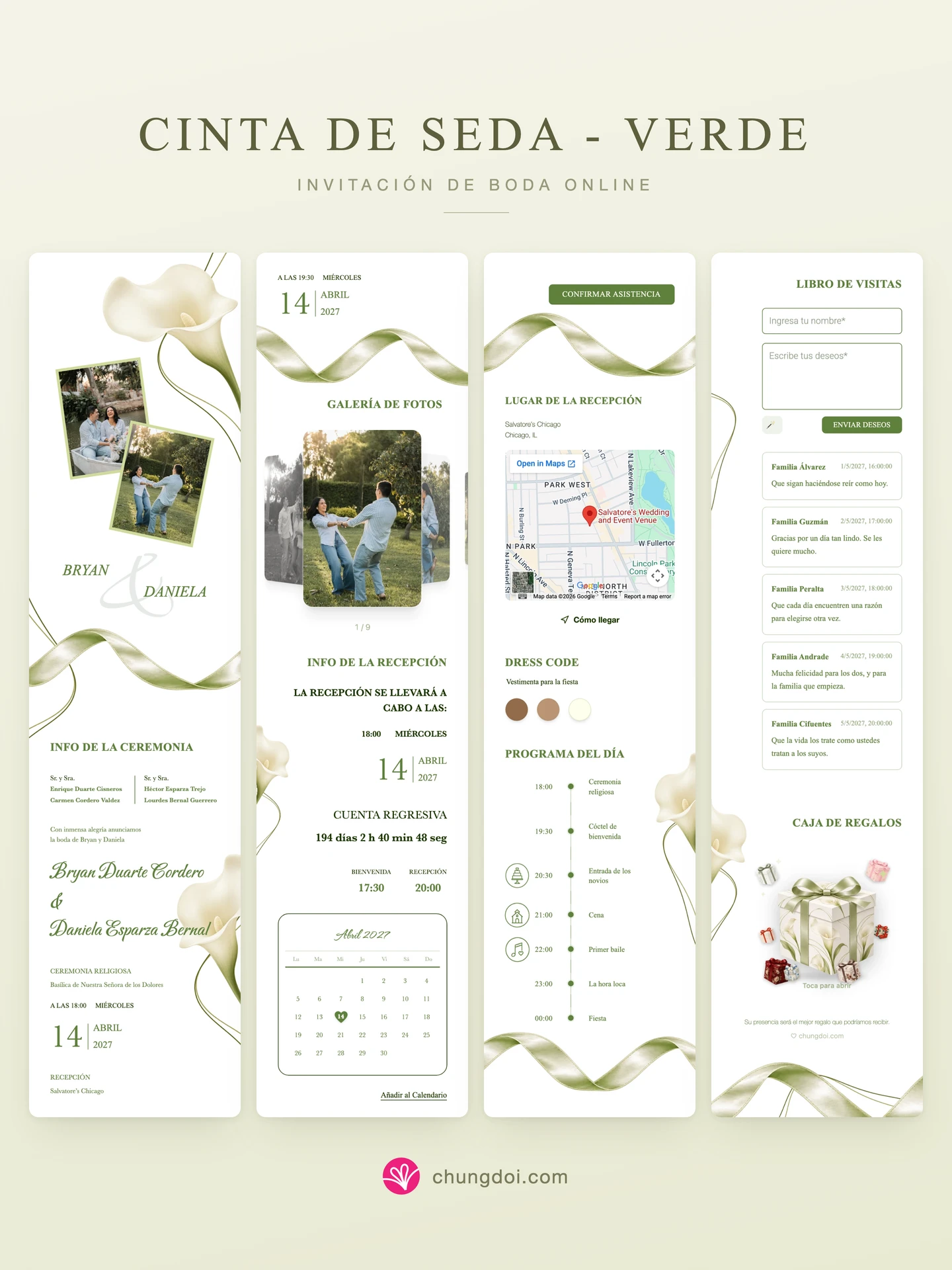 Vista completa de la invitación de boda Cinta de Seda - Verde: sus tres secciones una al lado de la otra