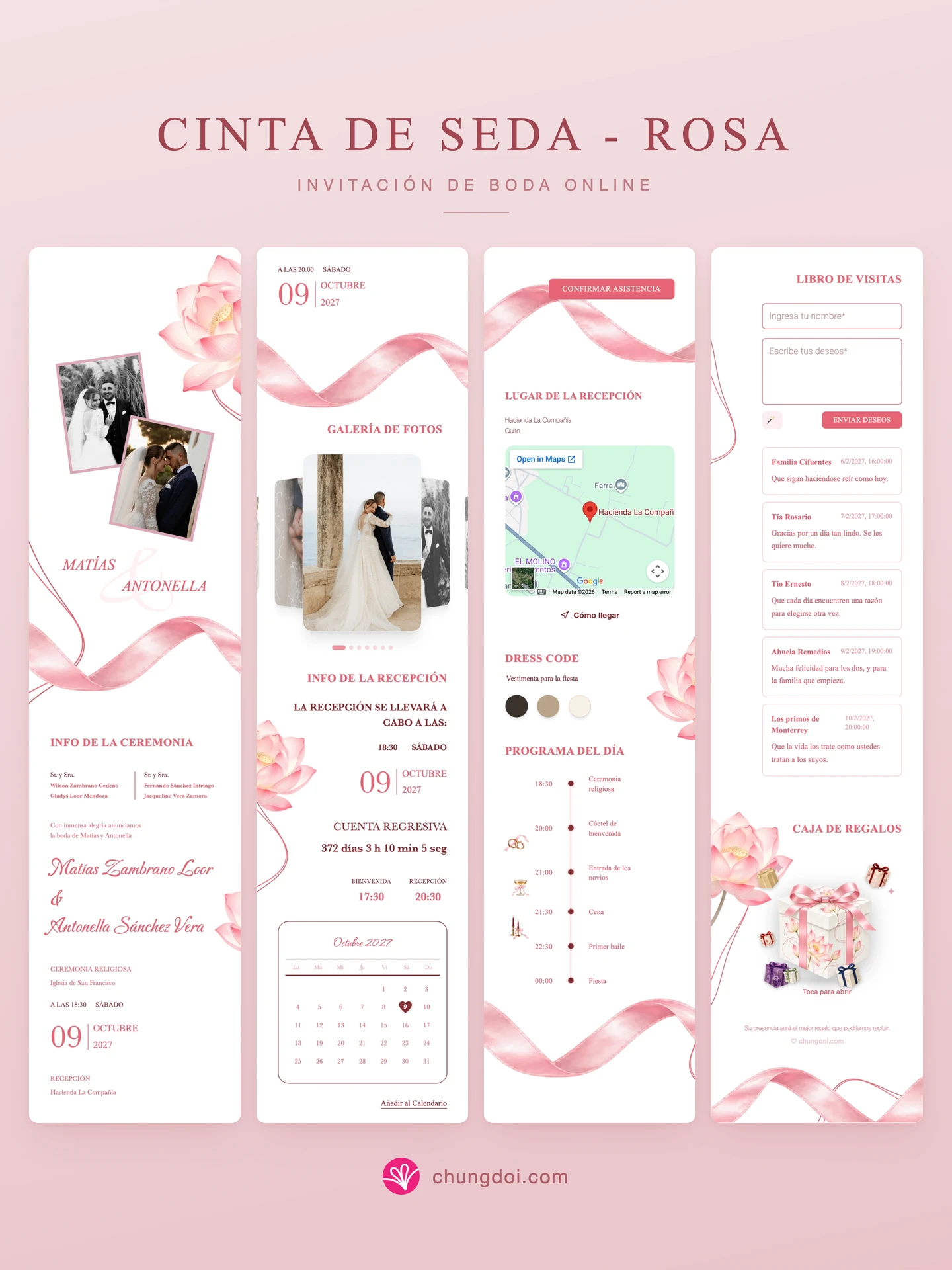 Vista completa de la invitación de boda Cinta de Seda - Rosa: sus tres secciones una al lado de la otra